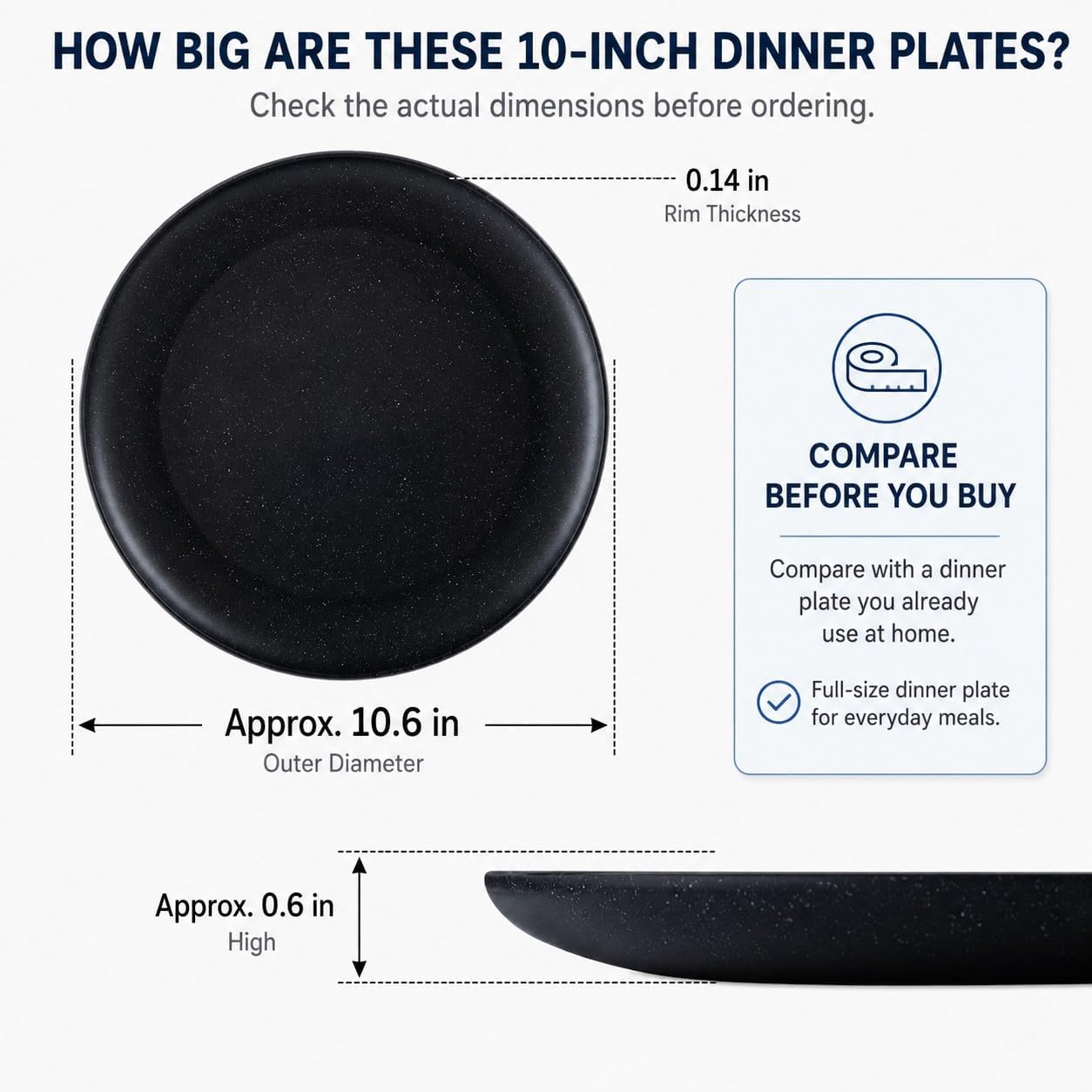 MISS BIG Wheat Straw Plates Set of 4, 10 Inch Black Dinner Plates, BPA Free