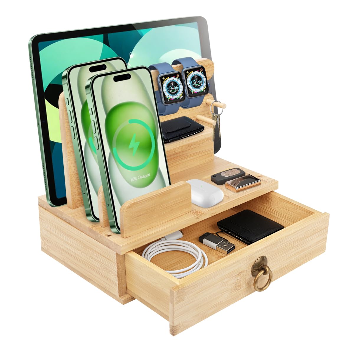 Gocokia Bedside Bamboo Box Organiser for Brother Partner Husband Men, Bed Organiser Presents for Him Man Boyfriend Dad Daddy, Phone and Watch Docking Station — image 1