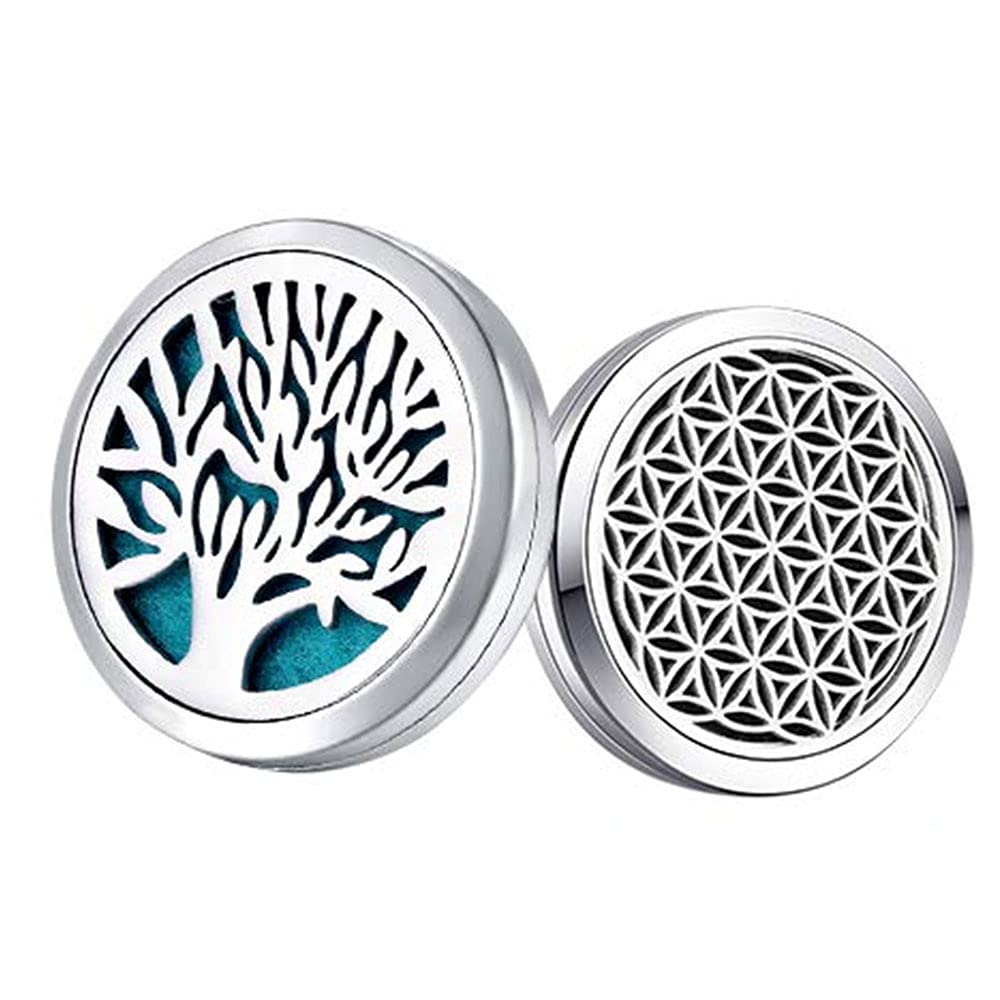 MESINYA 2PACK 30mm Car Diffuser Vent Clip Aromatherapy Essential Oil Stainless Steel Diffuser Locket - Tree of Life, Flower of Life, 14pcs Insert Pads