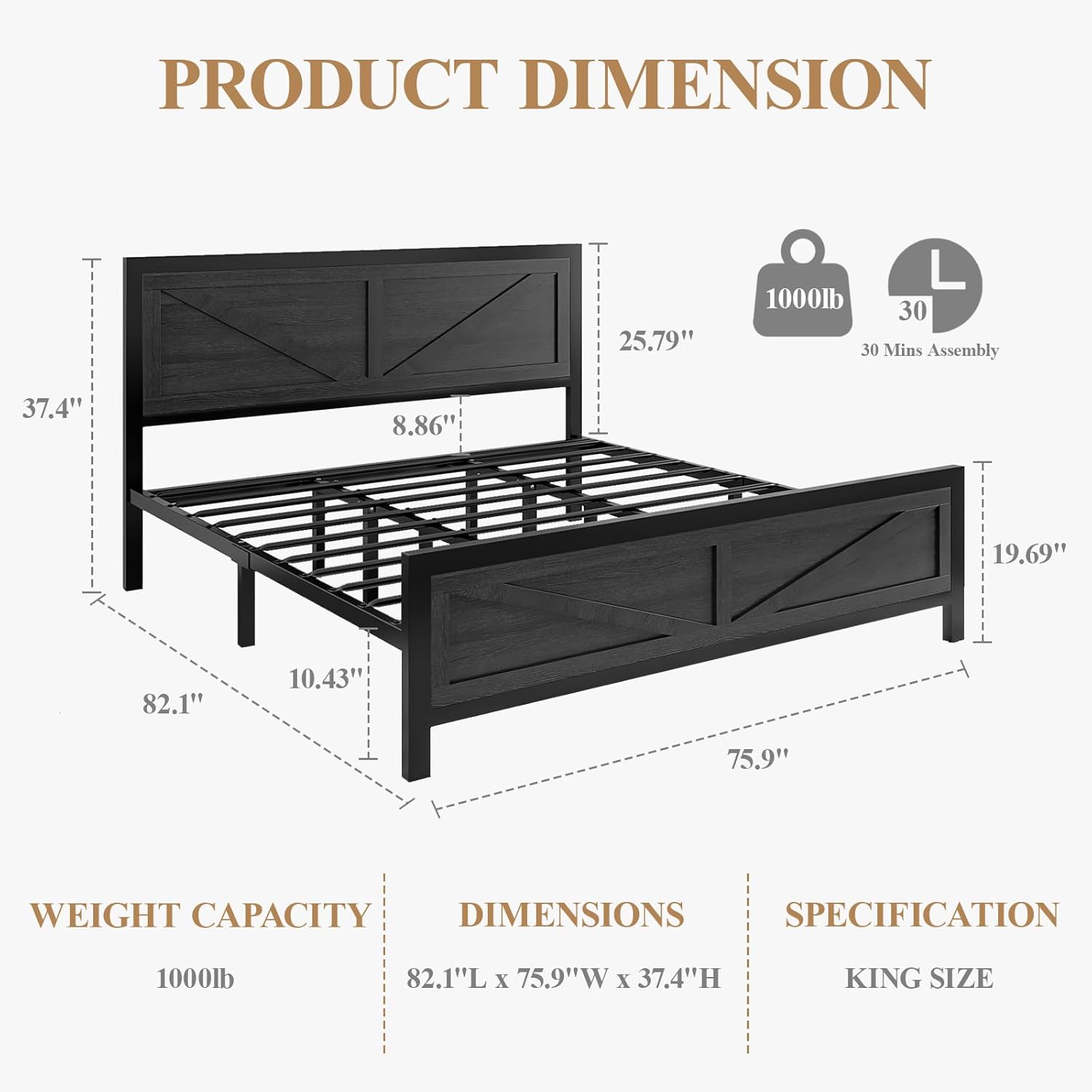 DOGIBIXO Led Bed Frame King Size with USB Charging Station, Industrial Platform Bed Frame with Farmhouse Barn Door Headboard, Strong Metal Slats Support, Noise Free, No Box Spring Needed, Black