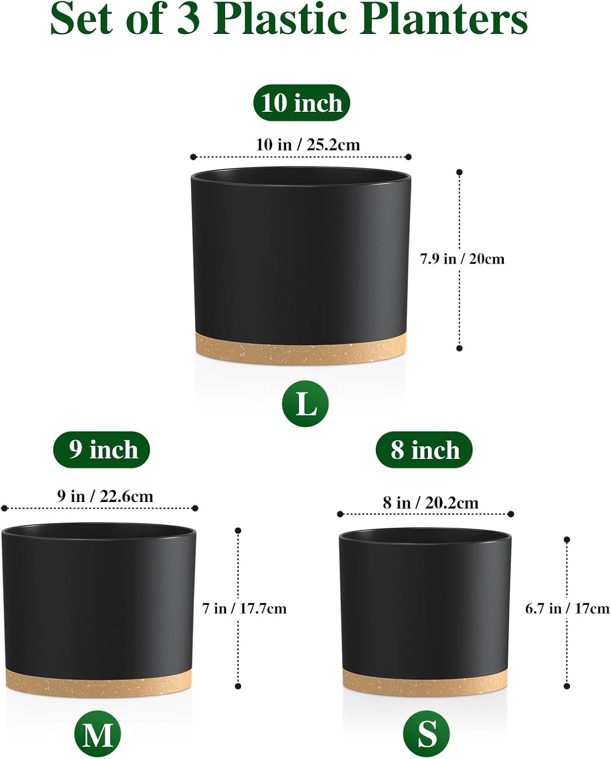 Plant Pots, 10/9/8 Inch 3 Pack Cylindrical Flower Pots with Drainage Holes and Saucers, Plastic Planters for Outdoor Indoor Plants,Black Brown