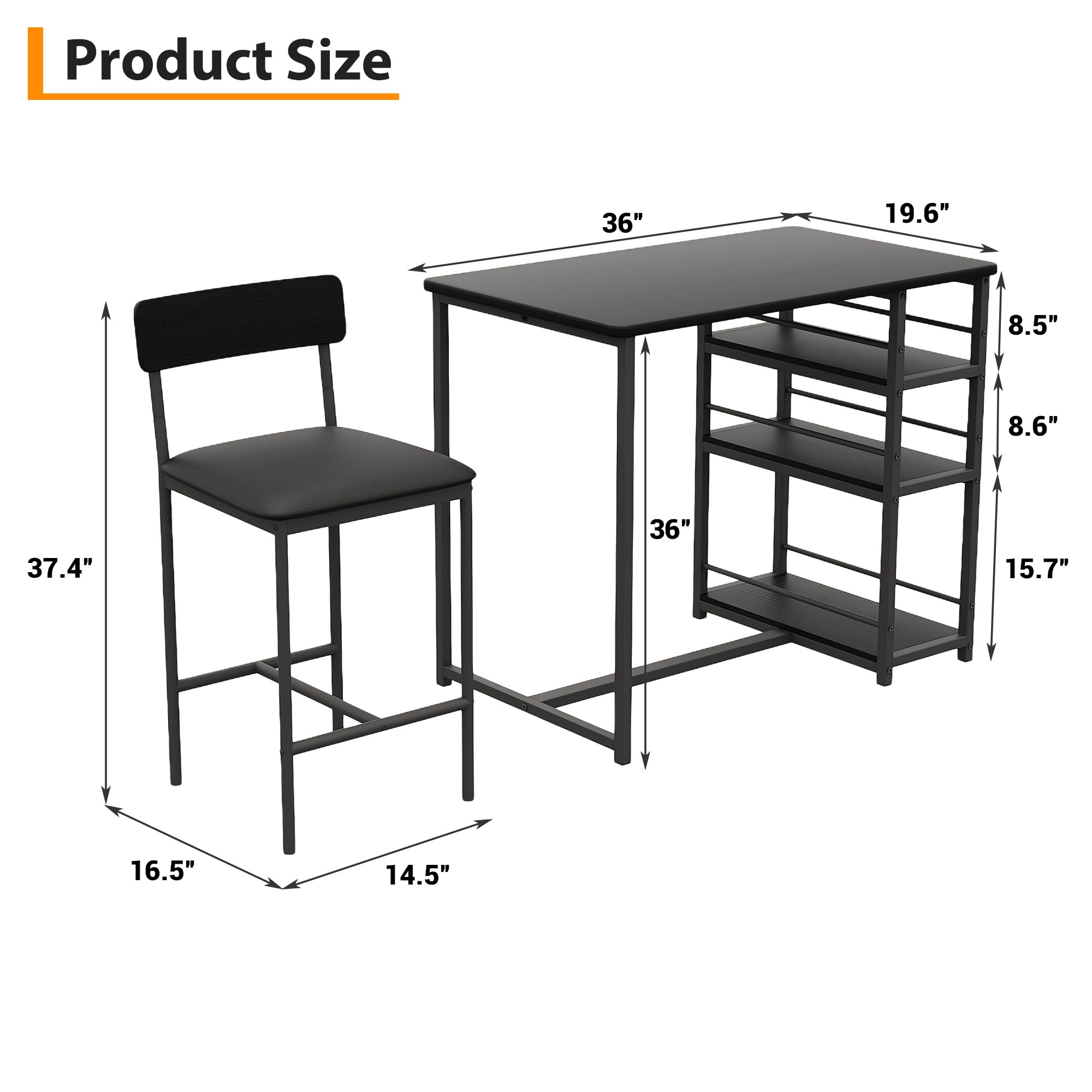 Set Tavolo da Bar con 2 Sgabelli Imbottiti e Tavolo Alto con 3 Ripiani di Stoccaggio, Set Tavolo da Cucina Salvaspazio per Piccoli Spazi, Tavolo da Pranzo per Casa, Bistrò e Monolocale, Nero