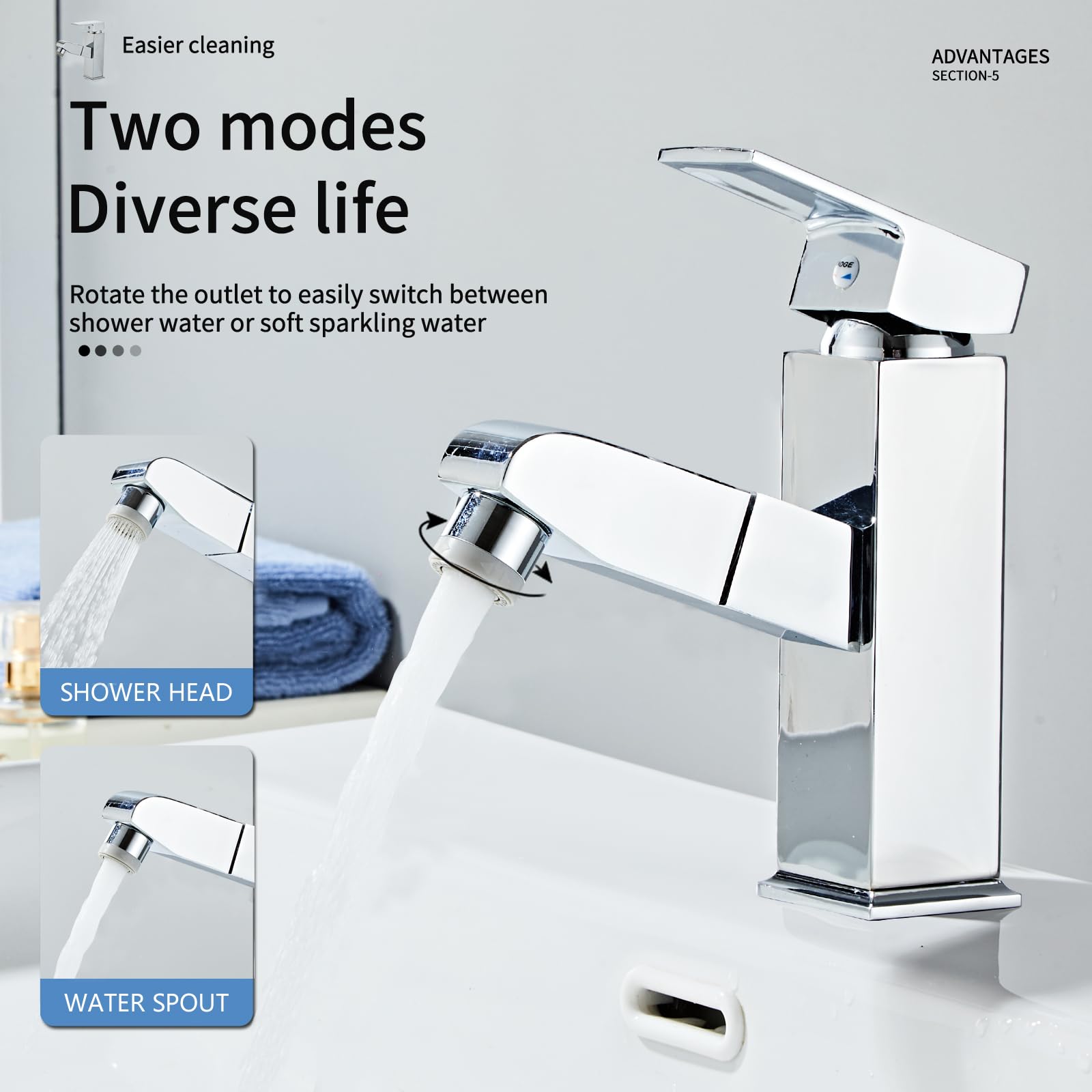 Sumeber Rubinetto da bagno con rivestimento estraibile, rubinetto per lavabo alto, con 2 tipi di getto, rubinetto, in acciaio inox, per bagno, colore nero opaco, Quadrato Argento