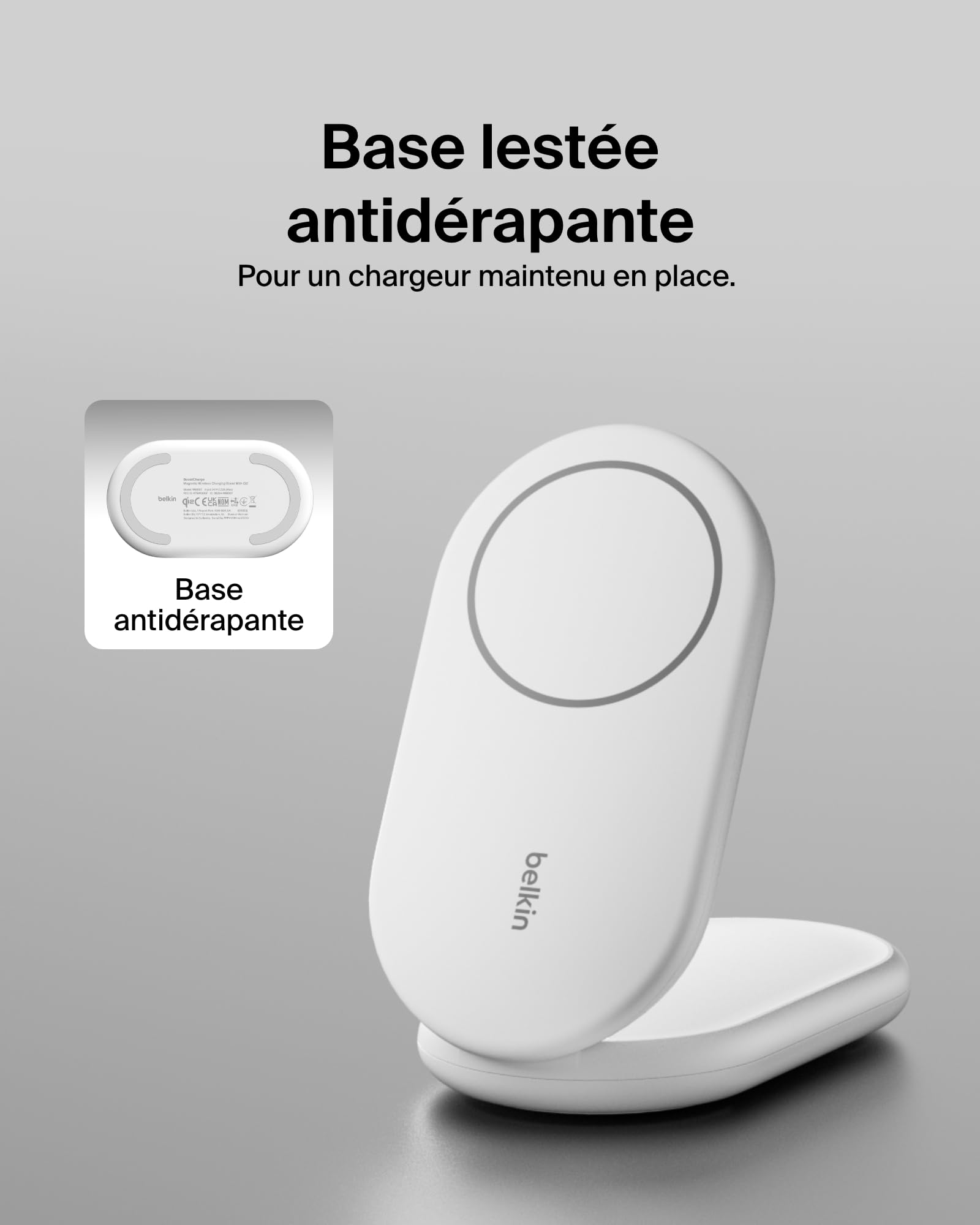 Belkin BoostCharge Socle de Recharge Qi2 (Chargeur Pliable, Compatible MagSafe, 15 W, pour modèles de l'iPhone 16, 15, 14, 13, Chargeur Compatible Standy, Adaptateur Secteur Inclus, Blanc)