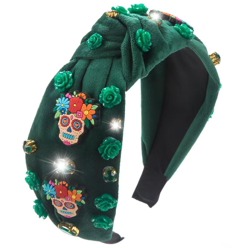 Halloween Sugar Skull Headbands for Women Day of the Dead Skull Flower Green Headband Festival Rhinestone Knotted Twist Wide Headband Hair Accessory Gifts (dead-green Day of the Dead-green