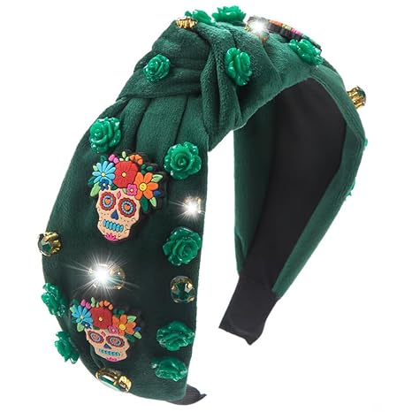 Halloween Sugar Skull Headbands for Women Day of the Dead Skull Flower Green Headband Festival Rhinestone Knotted Twist Wide Headband Hair Accessory Gifts (dead-green