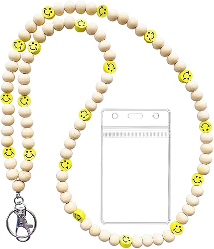 Lopau Cordón de cuentas de madera para tarjetas de identificación y llaves, bonitos cordones de cuentas para mujeres, cordón para profesores para
