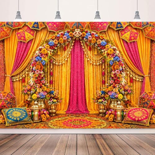 Image of India Wedding Backdrop, Traditional Haldi Mehndi Pooja Decorations, Colorful Marigold Floral Bridal Shower Fabric Photography Background wall Decor Props 7x5FT