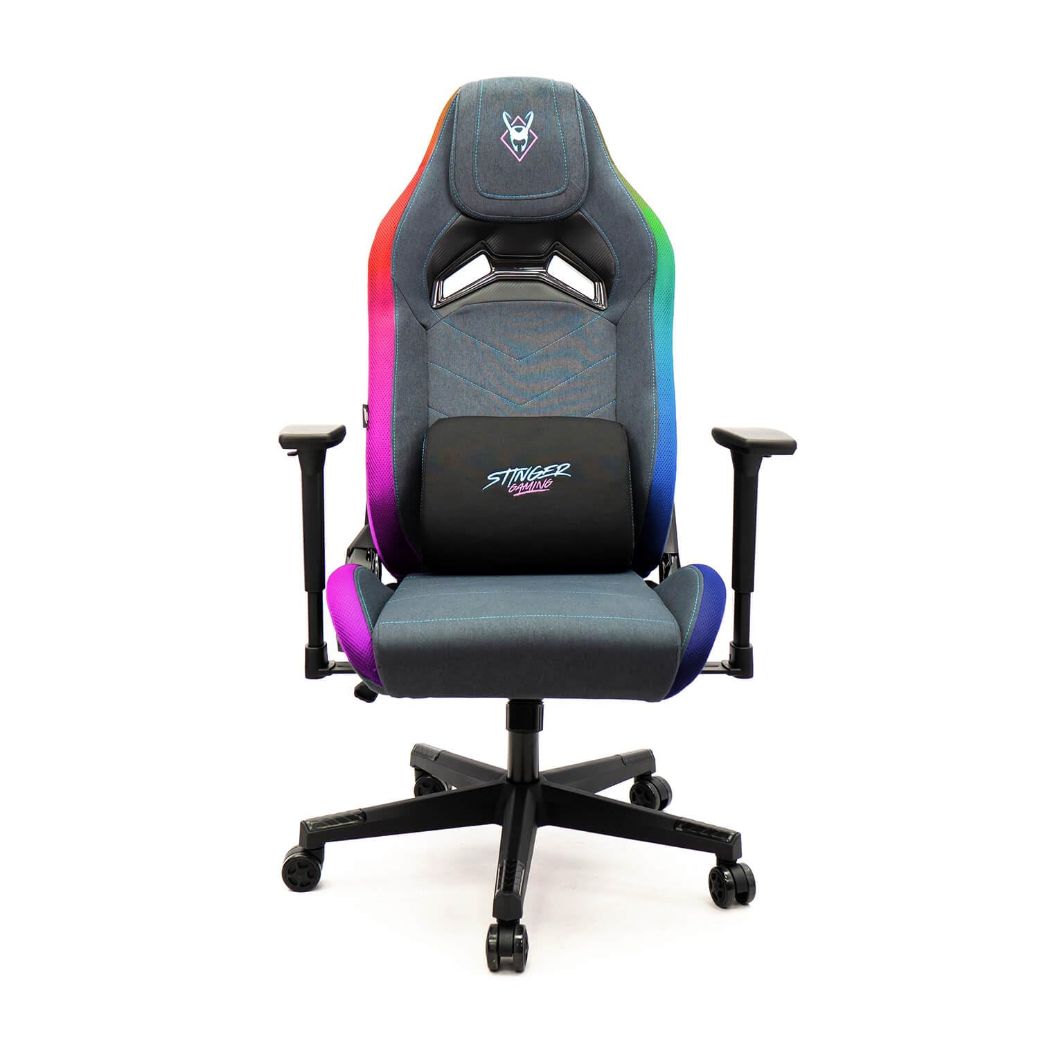 Woxter Stinger Station Elite RGB Blue/Pink - Silla Gaming con Luces Led RGB, Levantamiento por pistón Gas, Tela Antimanchas Transpirable, Reposabrazos 3D, Cojín Lumbar Regulable y Cervical Integrado
