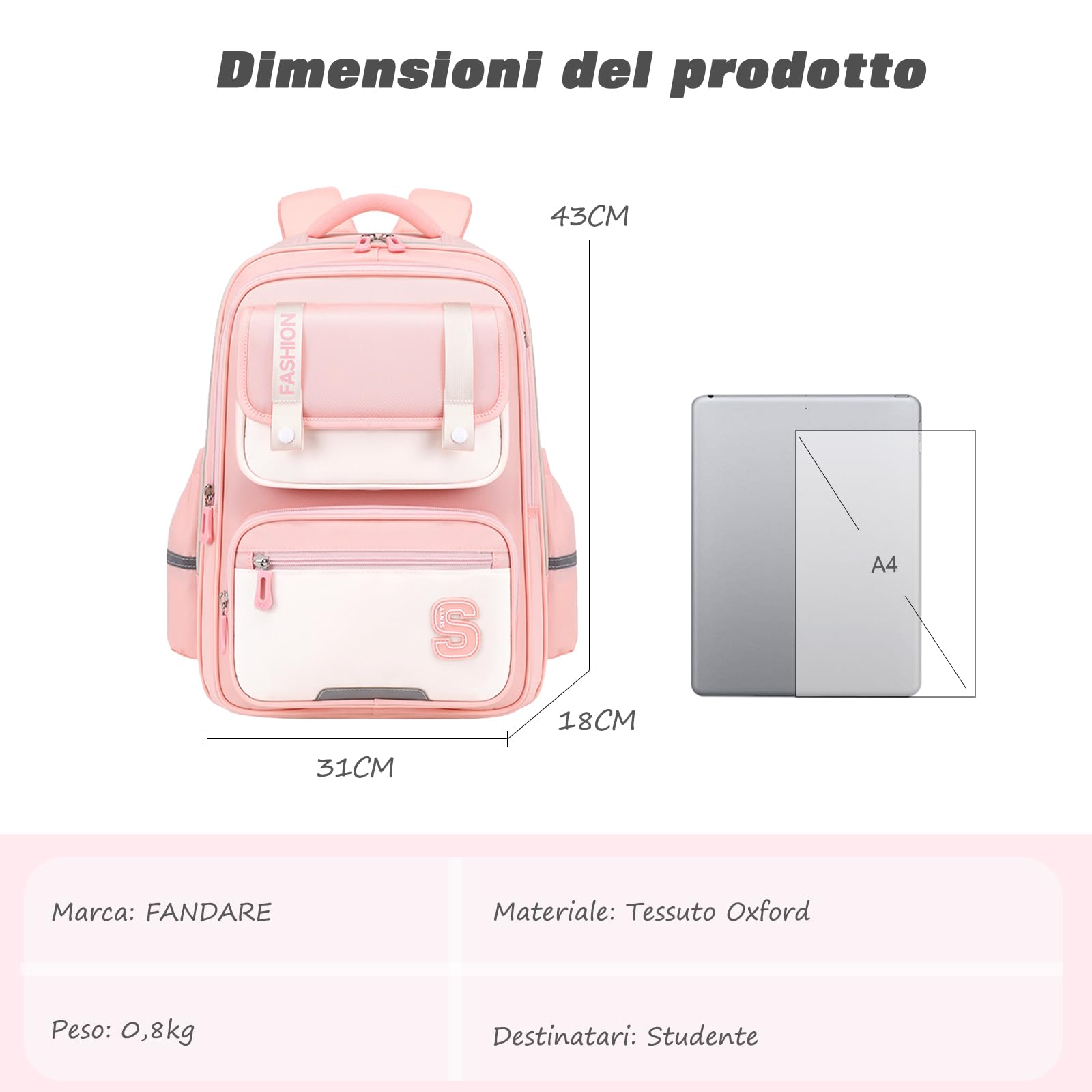 FANDARE Zaino Scuola Elementare per Bambini Leggero e Capiente Impermeabile Zaino Giorno 3D Ergonomic Design Spallacci Imbottiti Viola