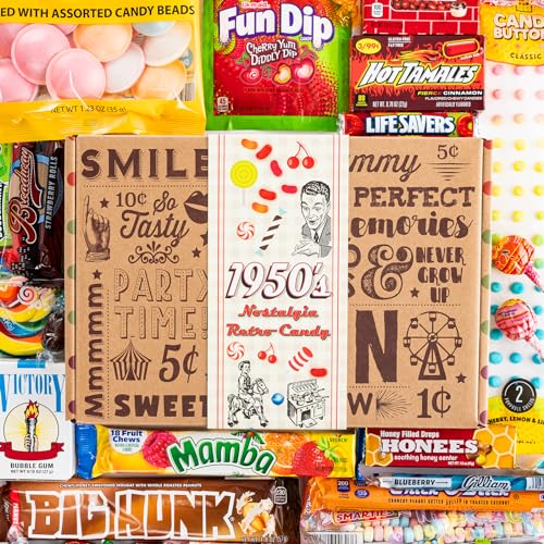 Product Image of the VINTAGE CANDY CO. RETRO CANDY GIFT BOX - Nostalgia Candies - Flashback Assorted Gift Basket - PERFECT Throwback For Adults, College Students, Men or Women, Kids, Teens (1950s)