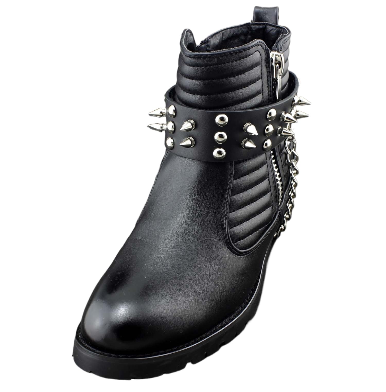 Men Biker Punk Boots Bracelets Silver Chain Black Pair Leather Strap Spikes (with chain(one pair))