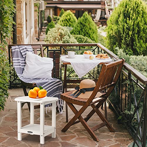Rxoliotn Outdoor Morden Side Table, 16.6'' Patio Table Double Layer Hdpe End Table, Outside Plastic Resin Side Table, Weather Resistant Small Side Table For Pool, Porch,Lawn & Garden (White) #TOP1