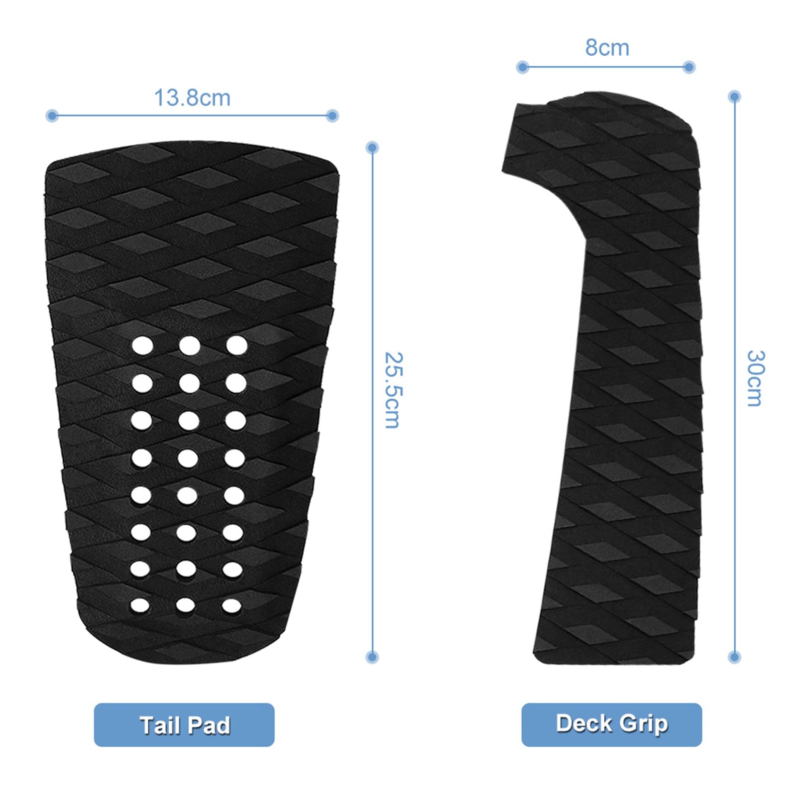 3 PCS Surfboard Skimboard Pad, EVA Surfing Anti Slip Traction Cushion Tailpad Deck Grip with Kicker for Stomp Surf Boards Fish Board(Black)
