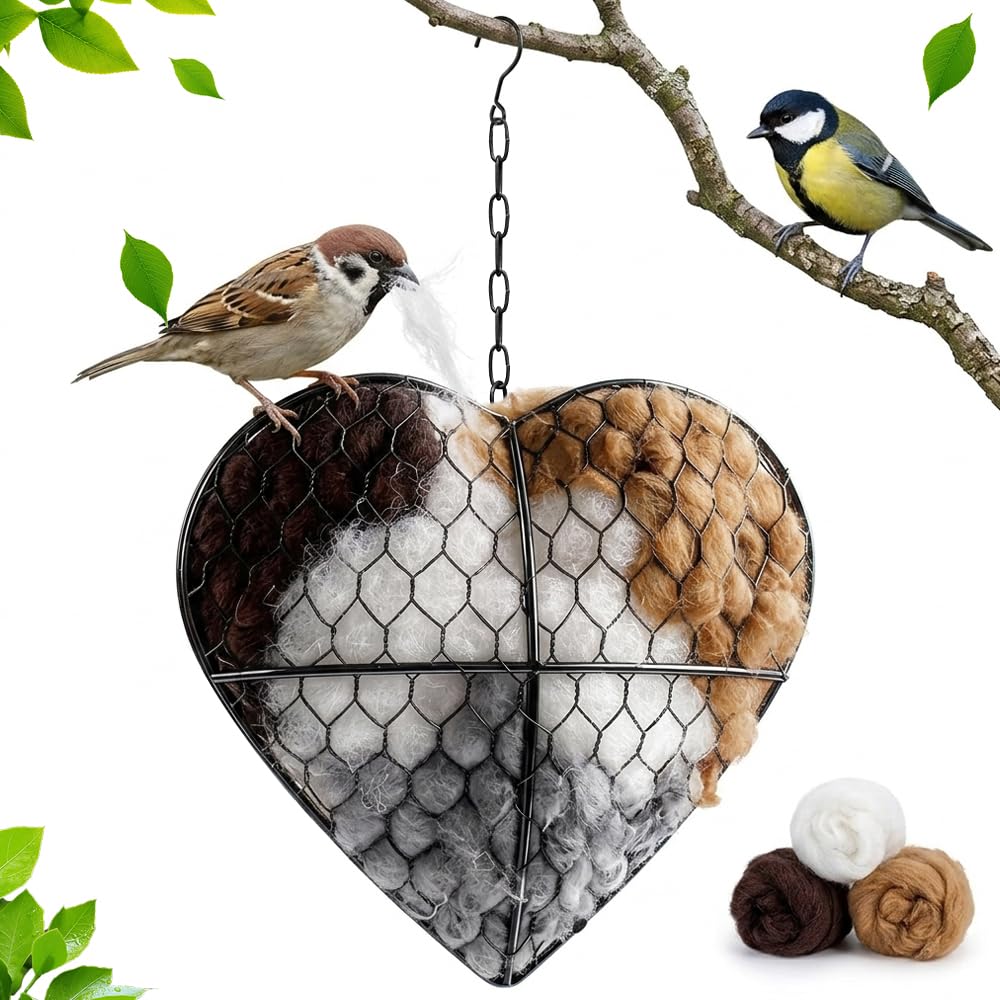 Heart Shaped Bird Nesting Material Dispenser, Hanging Wild Bird Nest Builder with Natural Fibres, Refillable Metal Holder for Small Garden Birds Outdoor Decor, 1 Pack