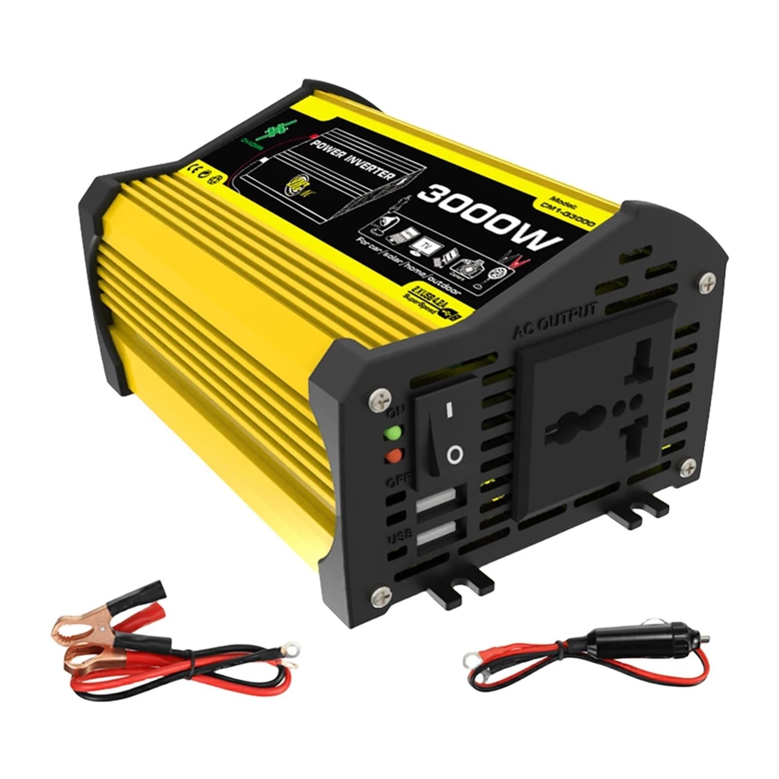 3000 W Inteligentny Inwerter Mocy DC 12 V Do AC/Podwójna Ładowarka Samochodowa USB Konwerter Modyfikowana Fala Sinusoidalna Przenośny Kemping na świeżym powietrzu(Yellow)