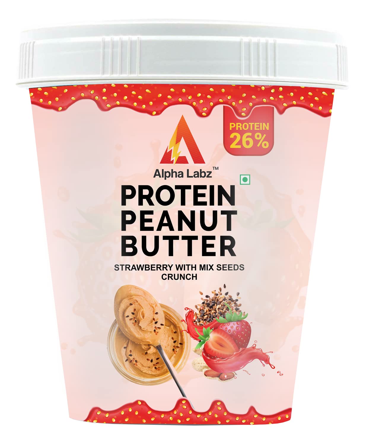 Alpha Labz Peanut Butter, Peanut Spread From Real Roasted Peanuts, Creamy Peanut Butter High Protein with 26g Protein | For Fitness & Health Conscious | Vegan Omega-3 & Prebiotic Fibre [1Kg, Strawberry with Mix Seeds]