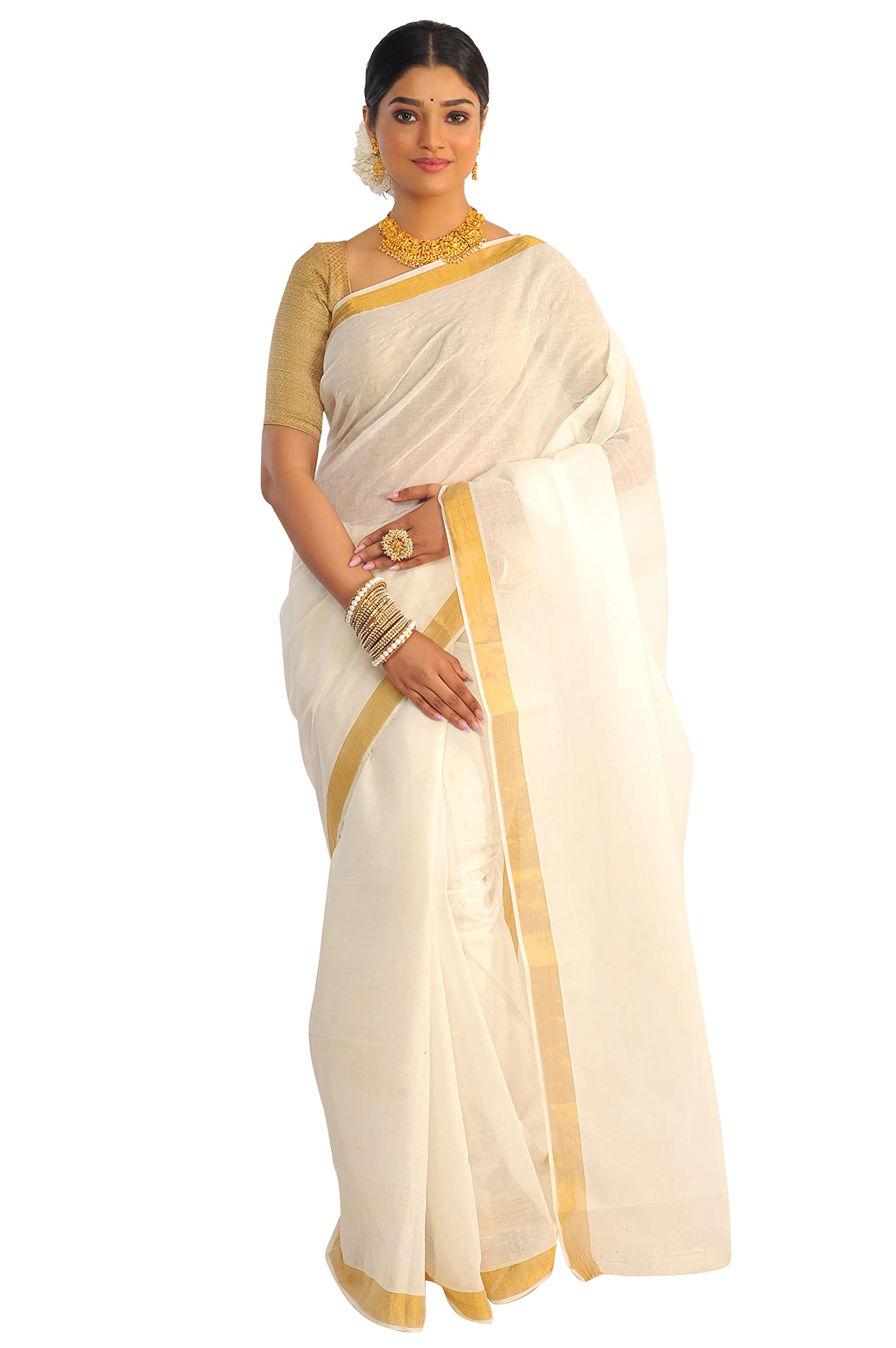 RAJ SAREE HOUSEWomen's Traditional Pure Cotton Bengali Handloom Tant Saree - Without Blouse Piece (Cream -Free size)