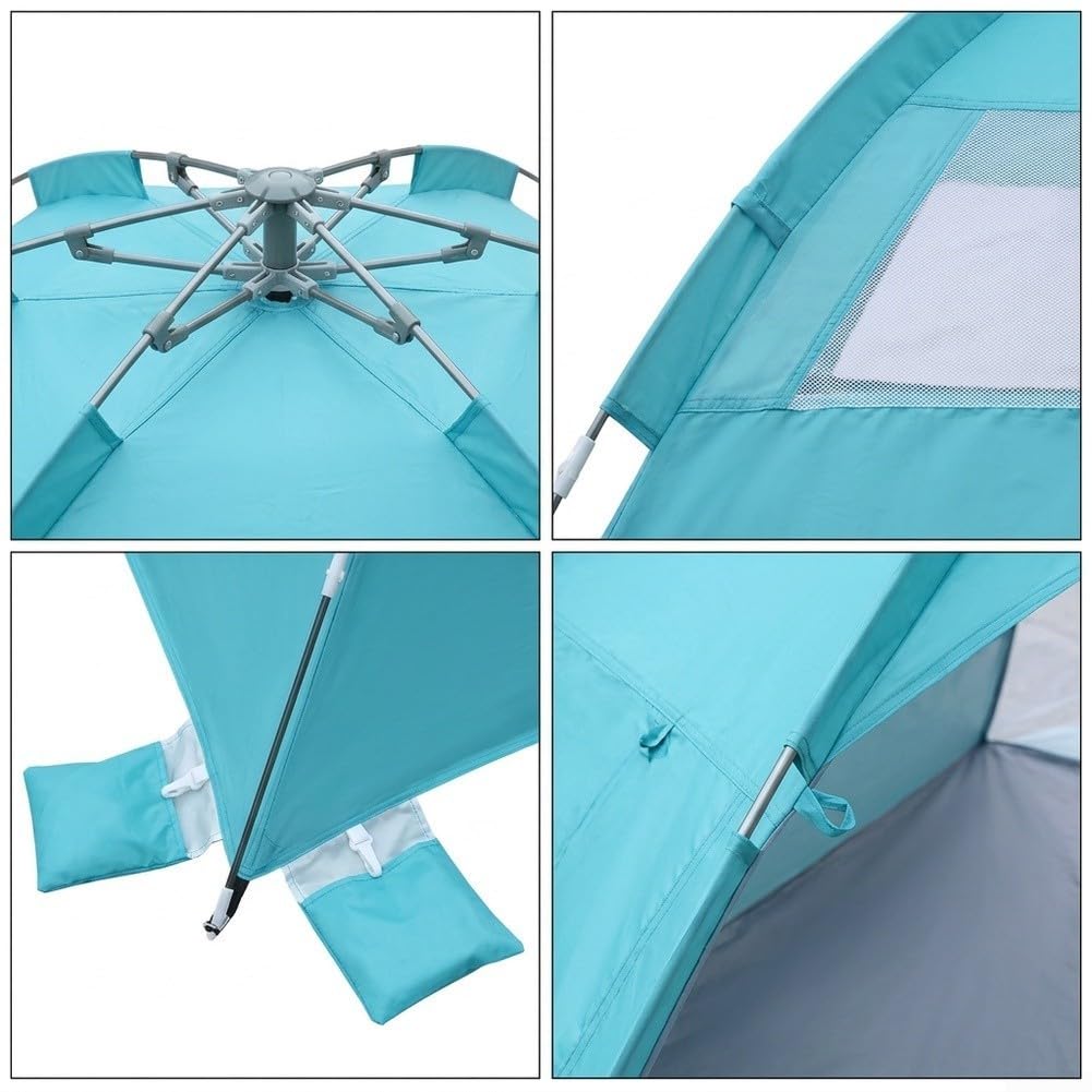 Tenda da spiaggia pieghevole grande 260 x 165 x 150 cm o piccola 200 x 150 x 120 cm, design ventilato a rete con ancore in tessuto di poliestere, pali in fibra di vetro, riparo dal sole leggero per
