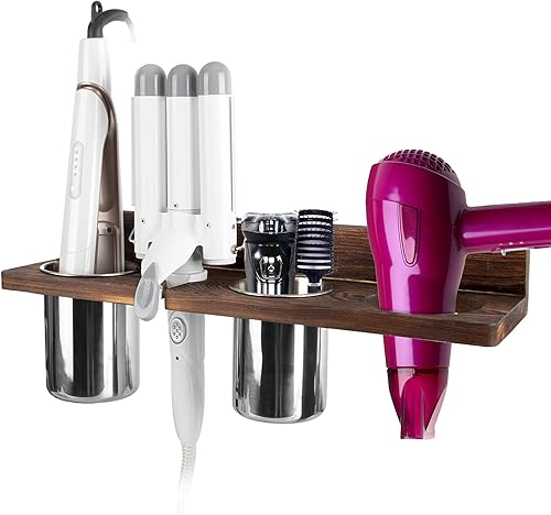 Soporte para secador de pelo montado en la pared con 2 tazas, soporte de madera para herramientas calientes, organizador de pared de baño para