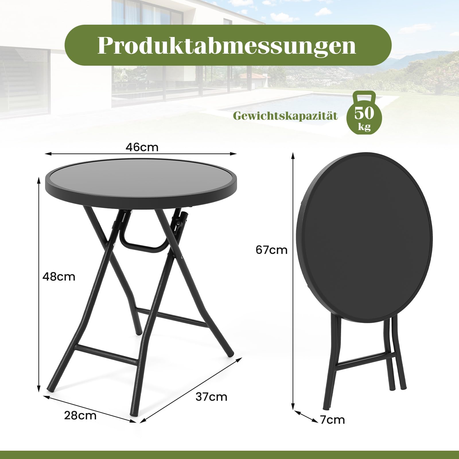COSTWAY Bijzettafel inklapbaar, kleine klaptafel, weerbestendige tuintafel, ronde balkontafel met tafelblad van gehard glas voor balkon, tuin, terras, 46 x 46 x 48 cm (zwart