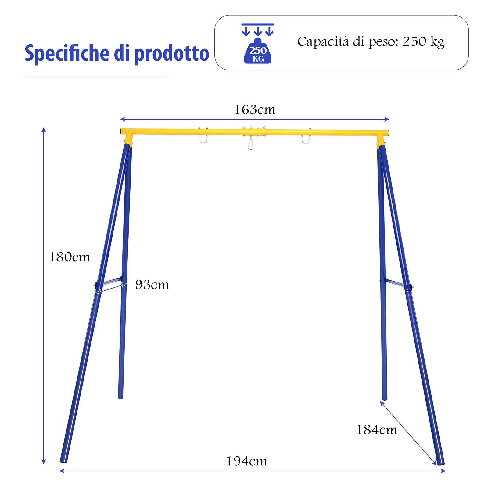 COSTWAY Supporto per Altalena Bambini, Base da Altalena per Bambini in Metallo, Strattura per Altalena da Giardino, Portata 200 kg (Blu e Giallo)