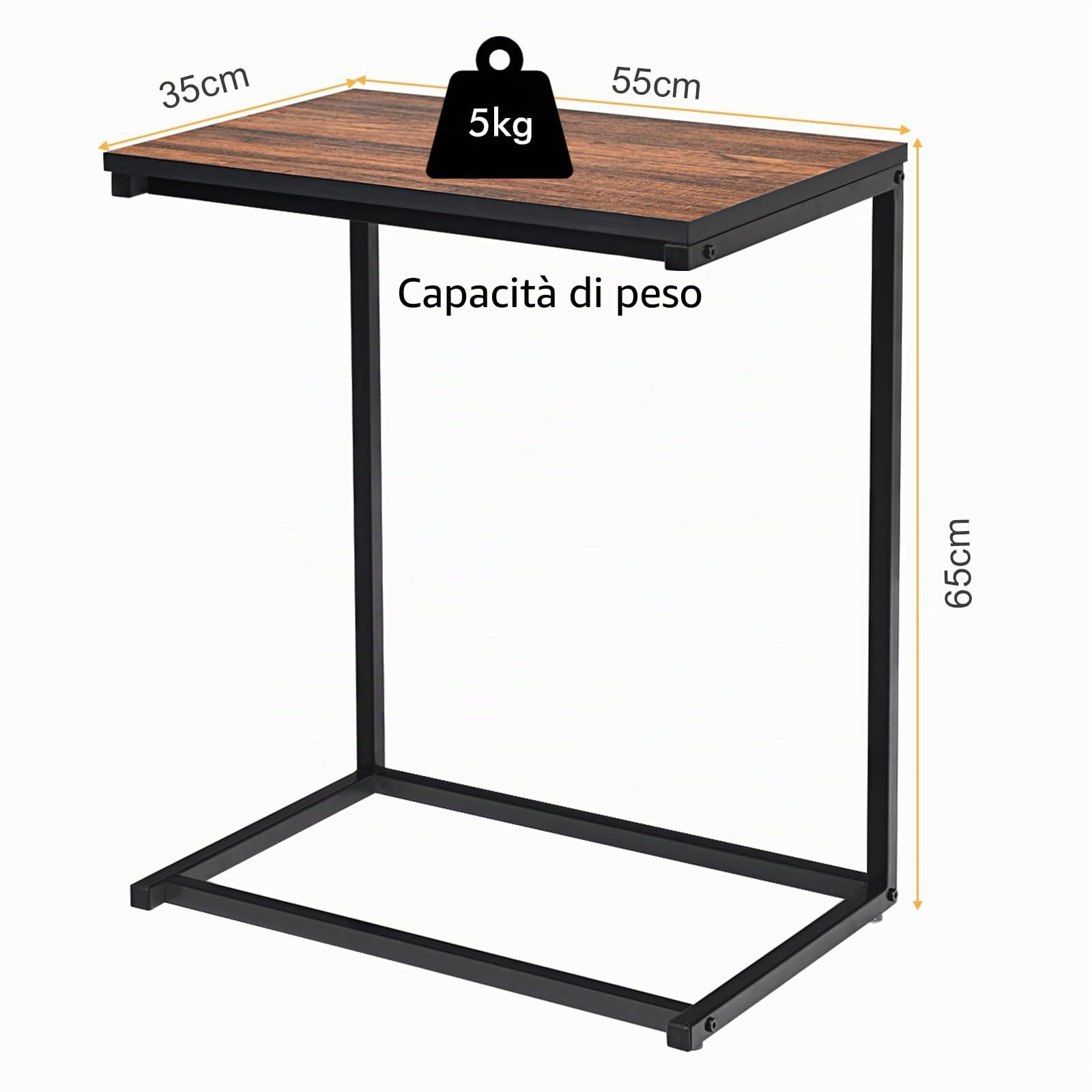 GIANTEX Tavolino a Forma di C, Tavolino Salvaspazio, Struttura in Legno e Ferro, Industriale, Ideale per Soggiorno, Camera da Letto, Ufficio, 55x35x65 cm, 2 Colori Disponibili