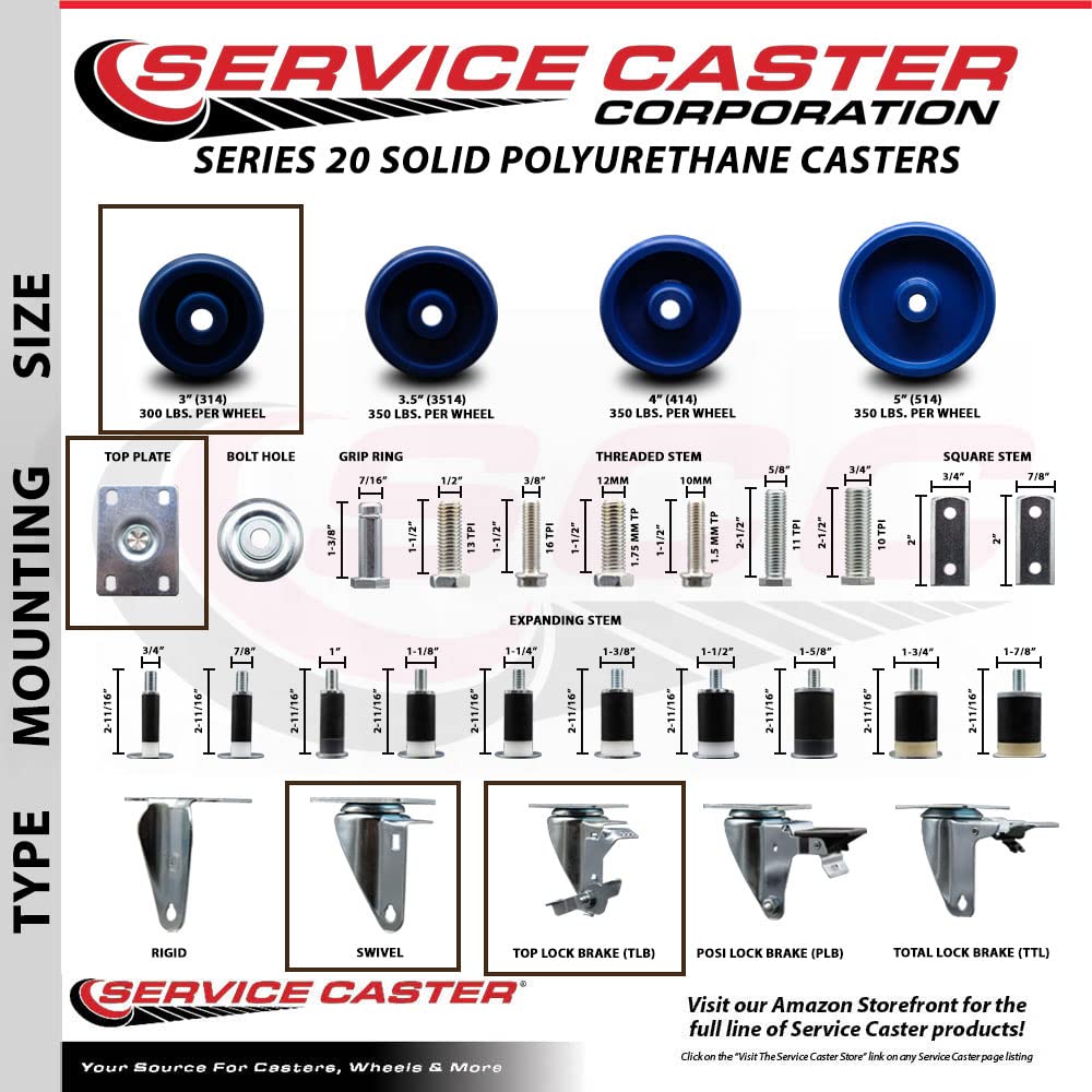 Stainless Steel Solid Polyurethane Swivel Top Plate Caster Set of 4 w/3" x 1.25" Blue Wheels - Includes 2 Swivel with Top Locking Brakes & 2 Rigid - 1200 lbs Total Capacity - Service Caster Brand