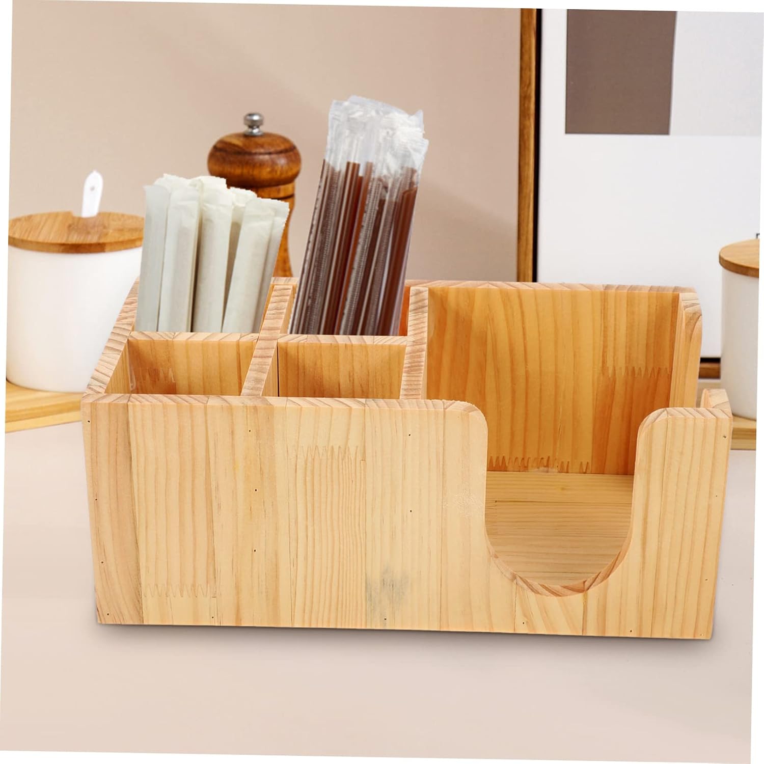 Hemobllo Wooden Coffee Station Organizer Multi Compartment Coffee Bar Accessories Holder for Tea Bags Straws and Sugar Packets Space Saving Design for Home and Bar Use