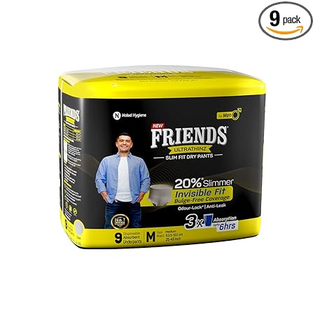 Friends UltraThinz Slim Fit Adult Diapers (Dry Pants) for Men - Medium - 9 Count with thin design, grey colour, and anti-rash - Waist Size 25-48 Inch ;6 3.5-122 cm
