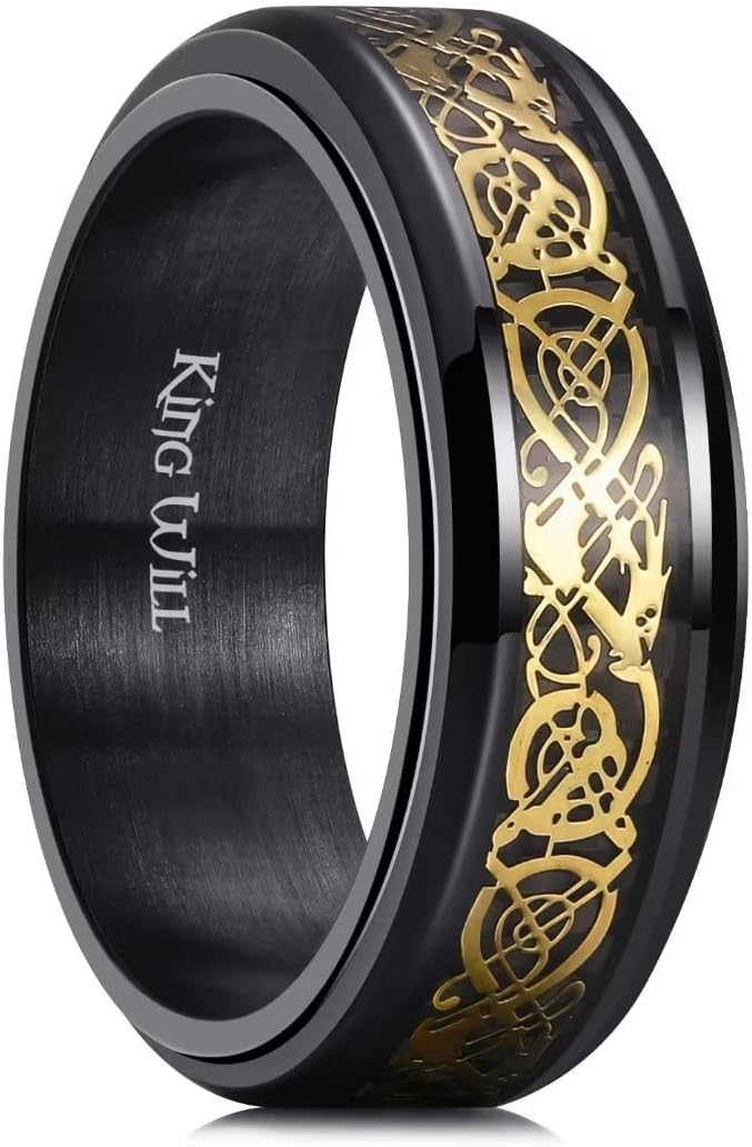 King Will 316L Stainless Steel Spinner Ring for Men Women- 8mm Width Fidget Ring with Dragon/Celtic Knot Pattern, Stress Anxiety Relief Comfort Fit Wedding Band