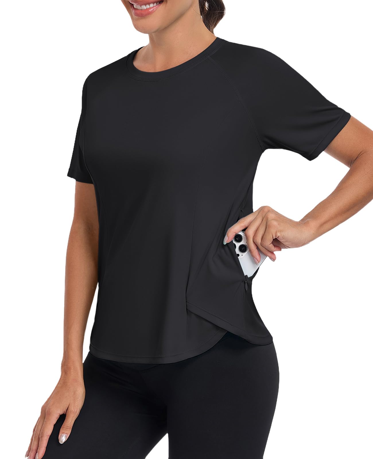 Charmo T-Shirt Damen Sport Top Kurzarm Gym Oberteil Yoga Sportshirt Leicht Laufshirt mit Eine Reißverschlusstasche für Fitness