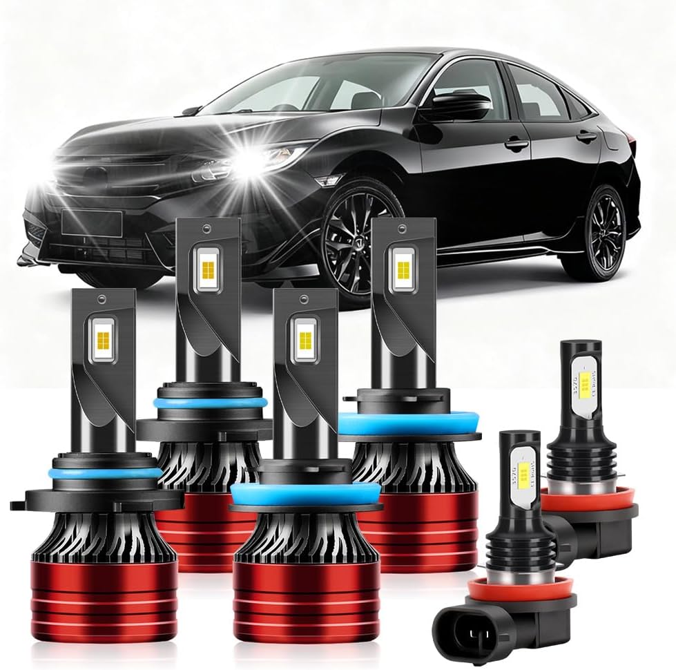 Light Bulbs Compatible for 2016-2020 Honda Civic 9005 High Beam H11 Low Beam H11 Fog Lights Combo Pack 800% Brightness with Cooling Fan Plug N Play Pack of 6