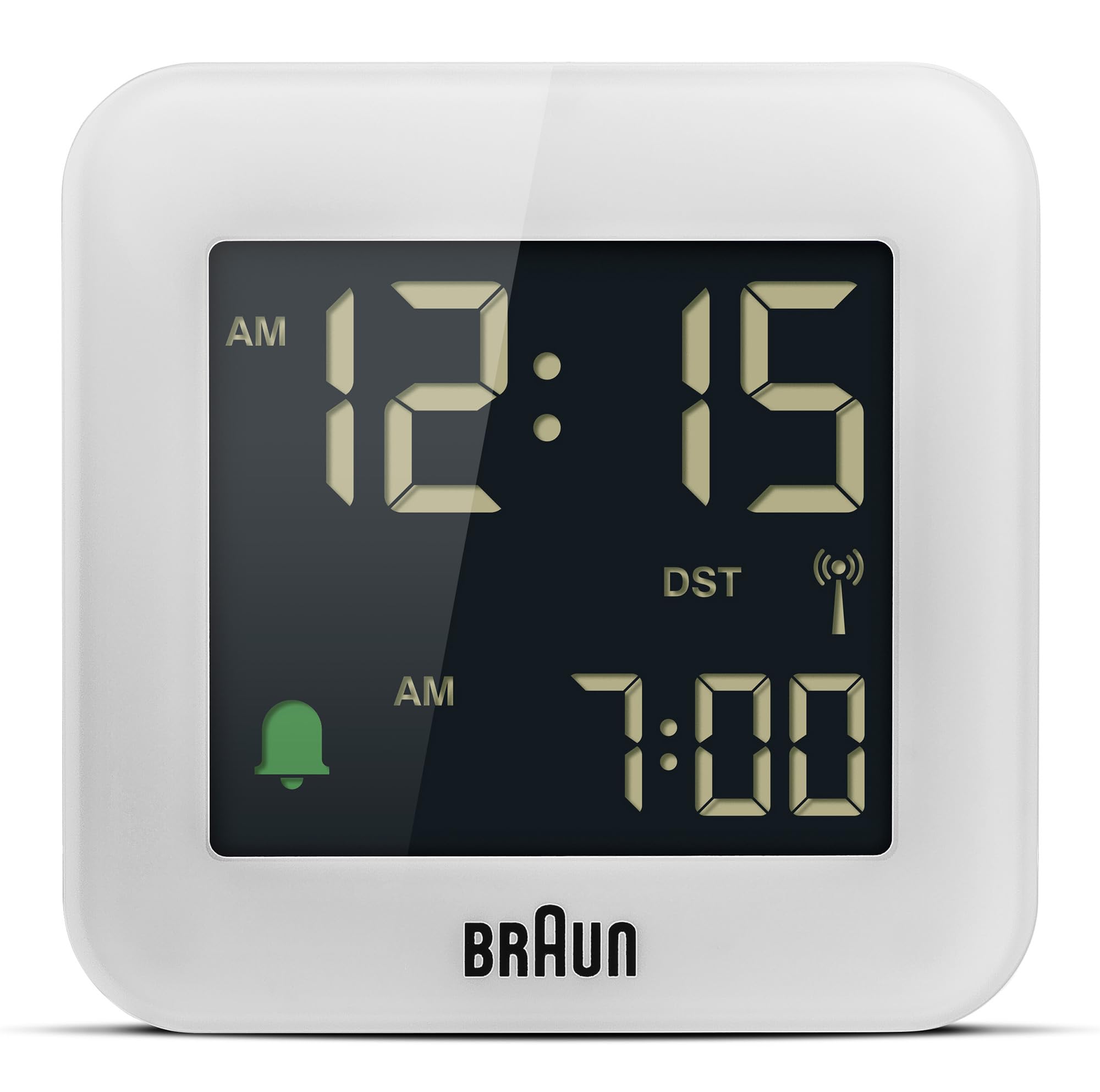 Braun Digitaler Reisewecker Mitteleuropäische Zeitzone (MEZ) mit Schlummerfunktion, kompakte Größe, Negatives LC-Display, Schnelleinstellfunktion, Crescendo-Alarm in Weiß, Modell BC08W-DCF