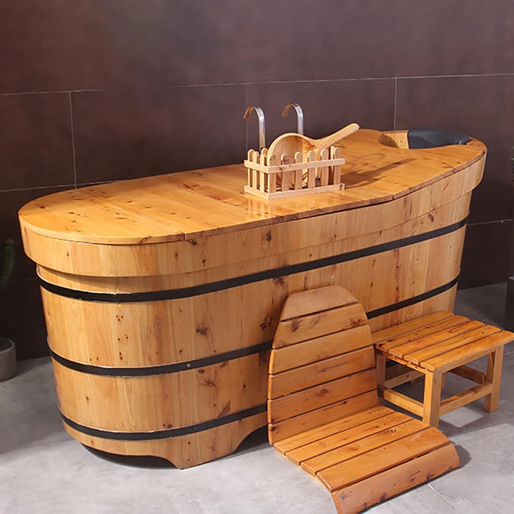 MegLob Mobile Free Standing Wooden Bathtub with Bath Tray, Solid Wood Bathtub Lit, Spa Deep Soaker with Tub Chair, Classic Japanese Body Soaking Barrel with Lid/Pop-Up Drain,120cm/47.24" [Energy Class A]
