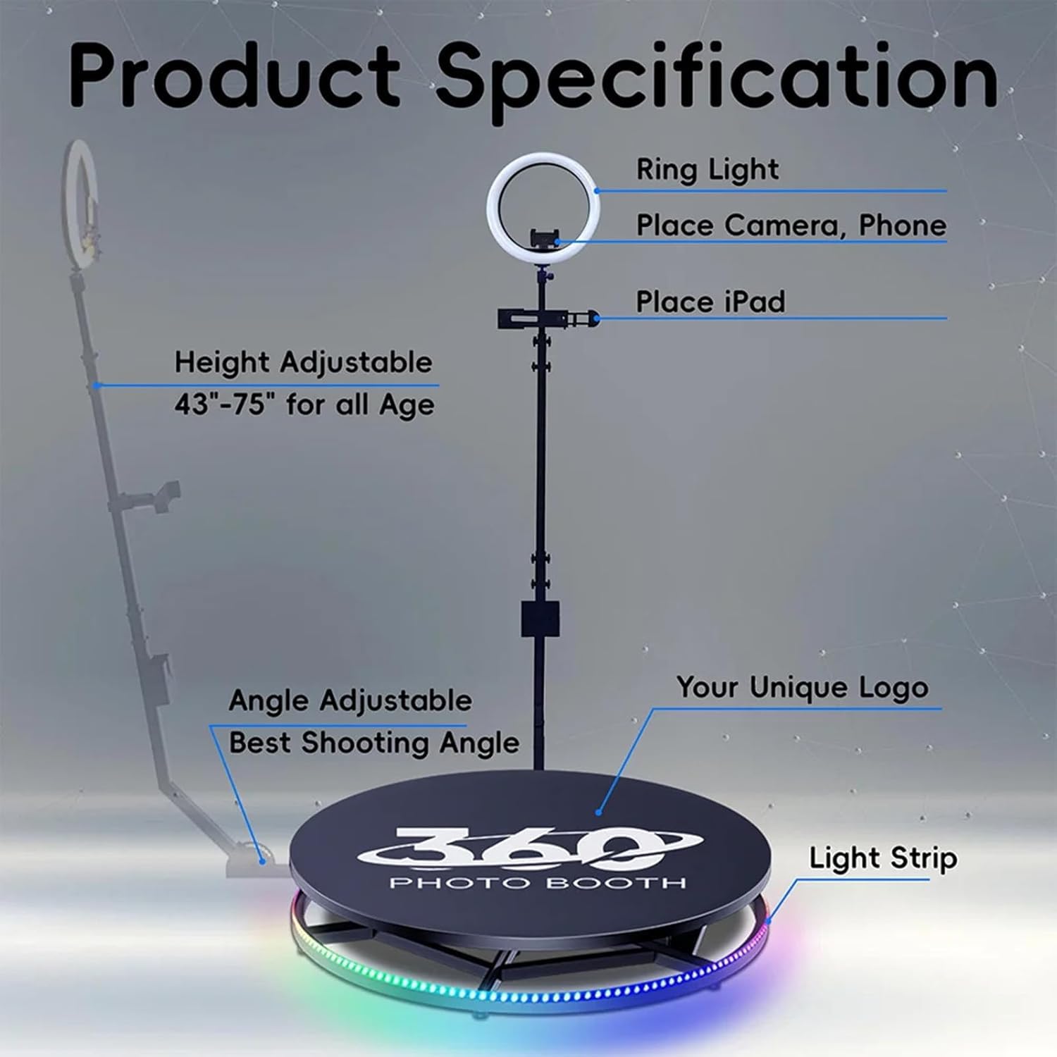 FotoCabina 360° con Telecomando e Custodia, Cabina Video Slow Motion per Feste e Matrimoni, Supporto Multi-Dispositivo e Luce Anello - Strumento Professionale per Eventi e Social Media,100cm