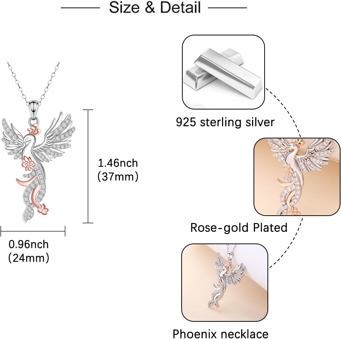 Silver Phoenix Necklace for Women - Bird Animal Cute Charm Pendent Necklaces Jewelry Gifts for Men Christmas Easter Thanksgiving Day Birthday - Image 5