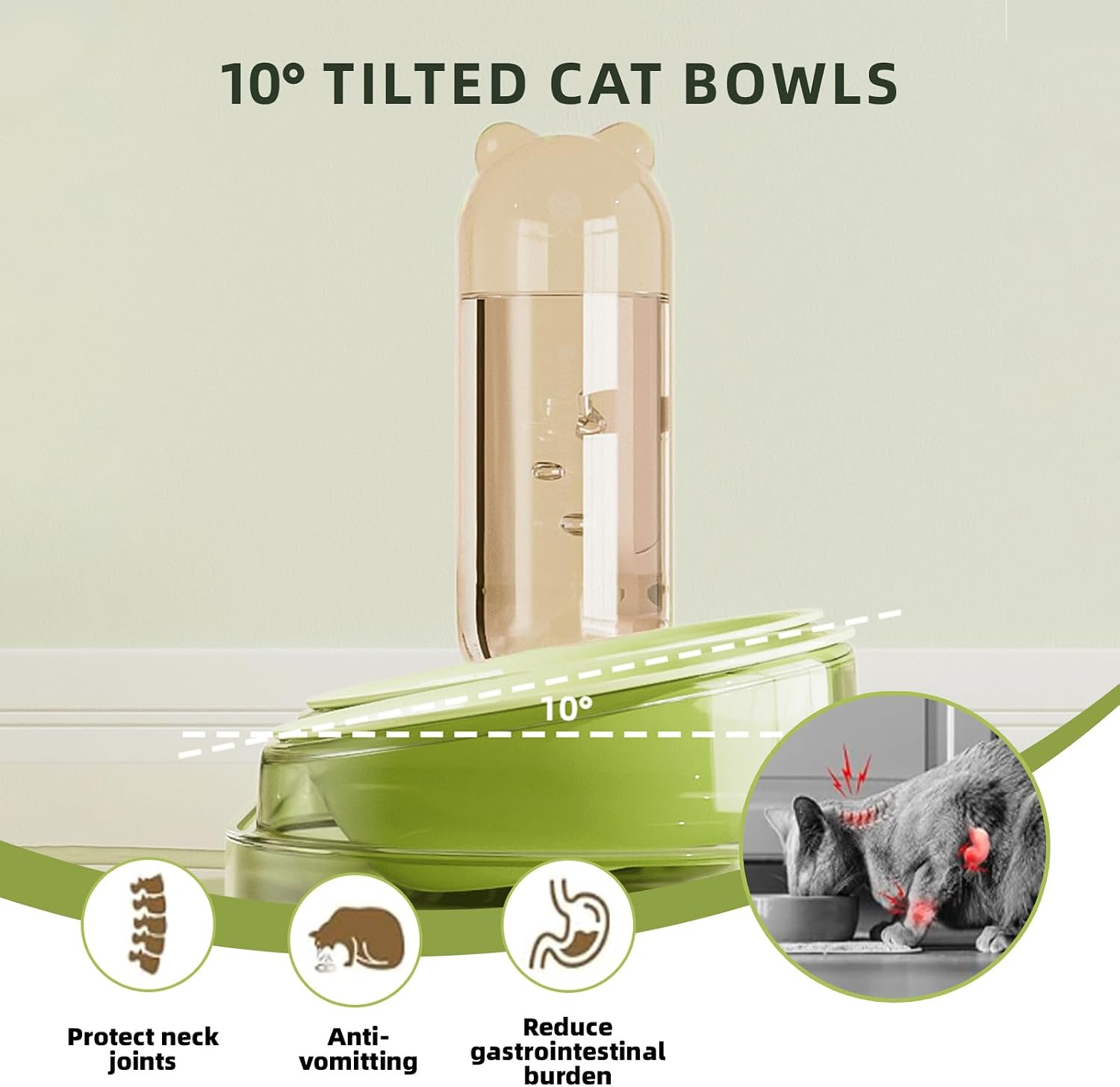 Marchul 3 in 1 Stainless Steel Cat Food and Water Bowl Set, Elevated Cat Bowls Water Dispenser, Tilted Raised 3 Pet Bowls for Indoor Cats, Small or Medium Sized Dogs（Green）