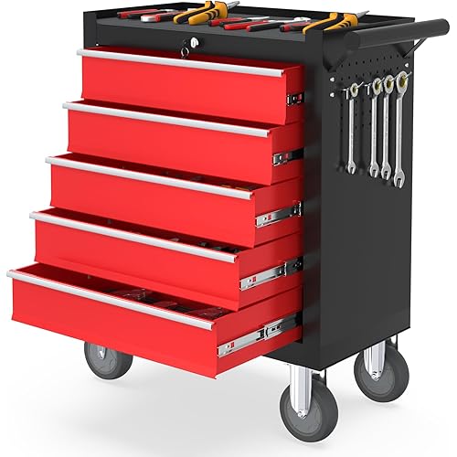 5 Drawers Rolling Tool Chest, Portable Storage Tool Box with Wheels, Rolling Tool Box with Lock for Warehouse, Garage, Repair Shop and Tool Room