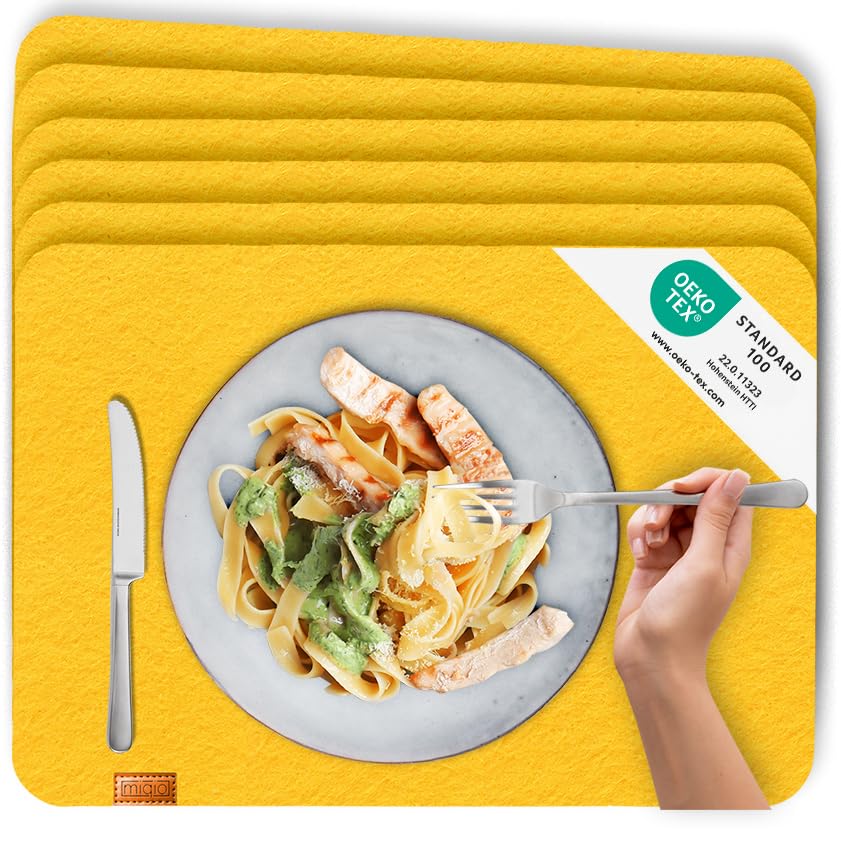 Miqio - Design Felt Placemats - Set of 6 Washable Place Mats - Felt Mat Coasters Place Mats - Yellow