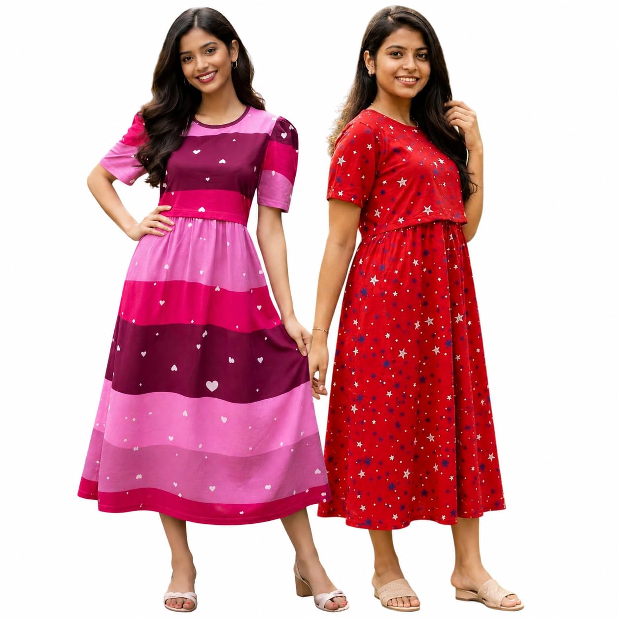 RENIS.Store Women's 100% Cotton Zipless Feeding Maternity Nighty Pack of 2 | Pull Up Nighty | Soft Pregnancy & Feeding Wear, Back Tie with Side Pocket | Pink Stripe_RED Star | Size-M-image-4