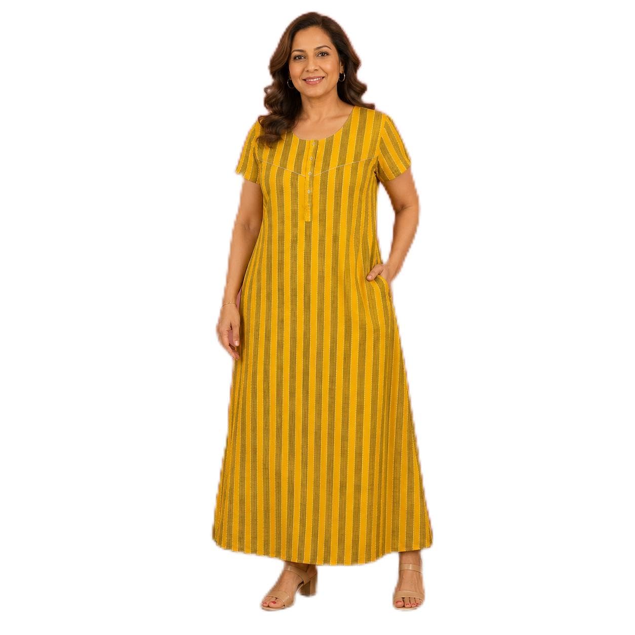 Ovla Cotton Nighty, Women's Mustard Yellow Striped Maxi Dress-picture-19