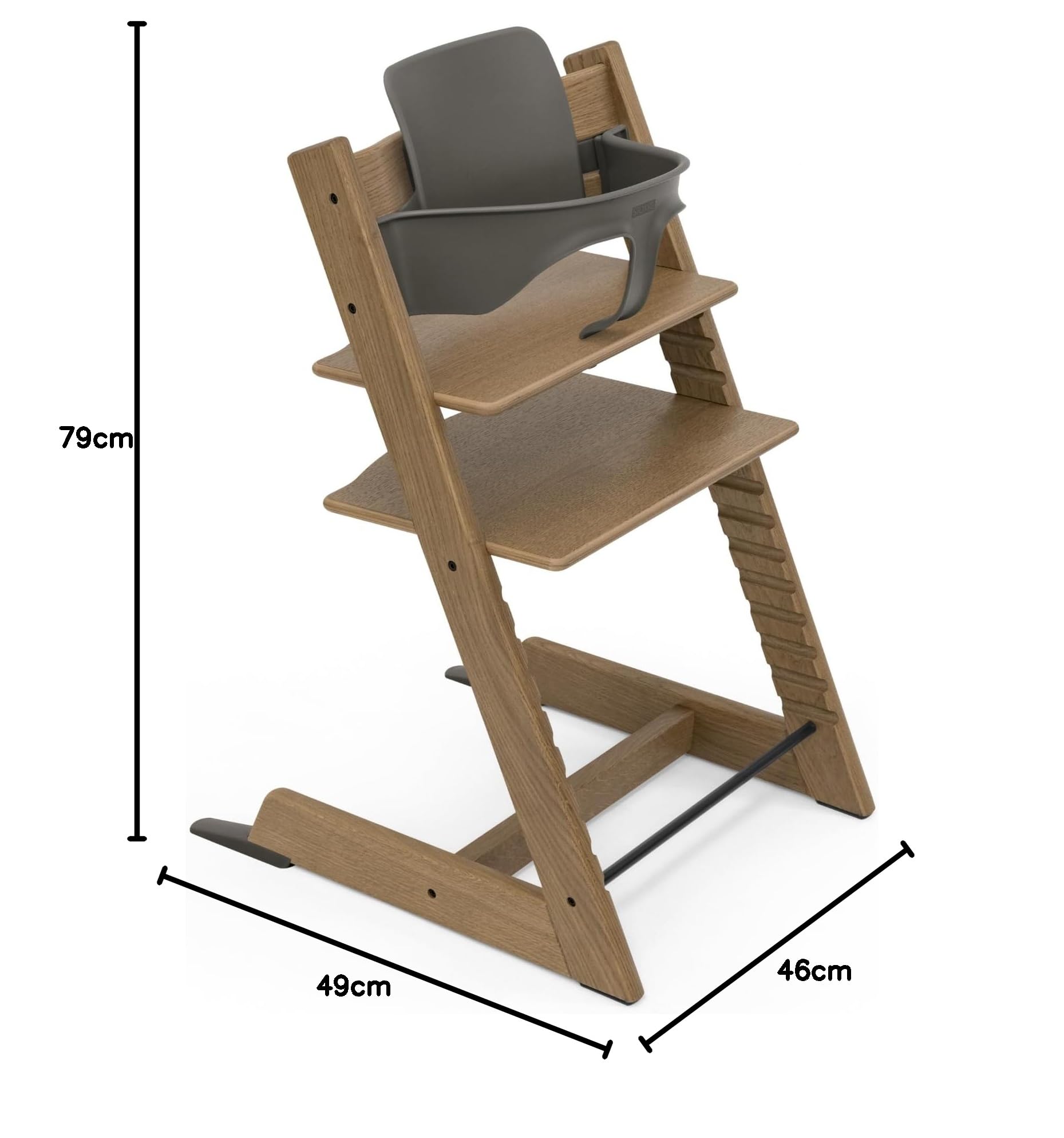 STOKKE TRIPP TRAPP ① (シリアル5/HAZY GREY) Stokke Tripp Trapp Hoge stoel (bruin eikenhout) met babyset (Hazy