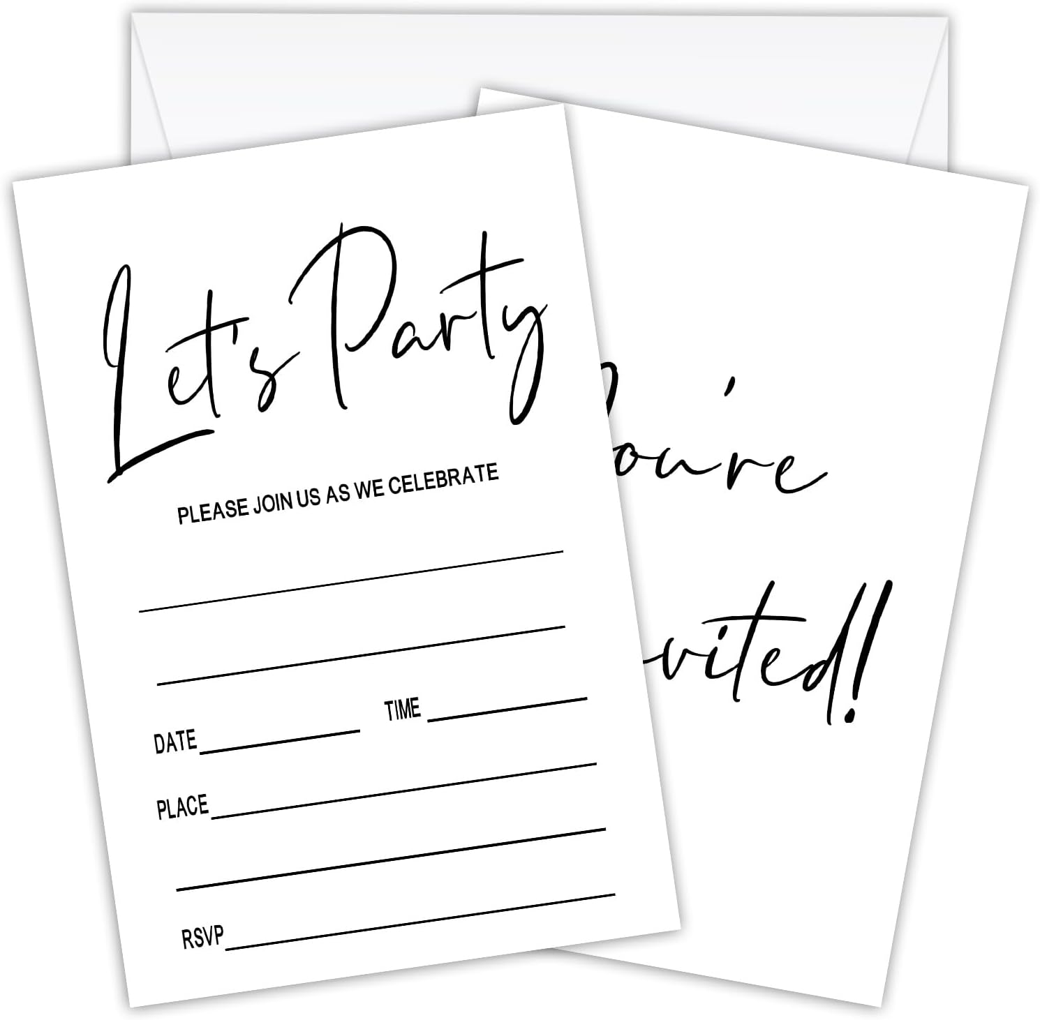 Simple Let's Party Invitations with Envelopes, Black and White Fill - In Invite Cards for Wedding, Baby Bridal Shower Invite and Any Birthday - 073