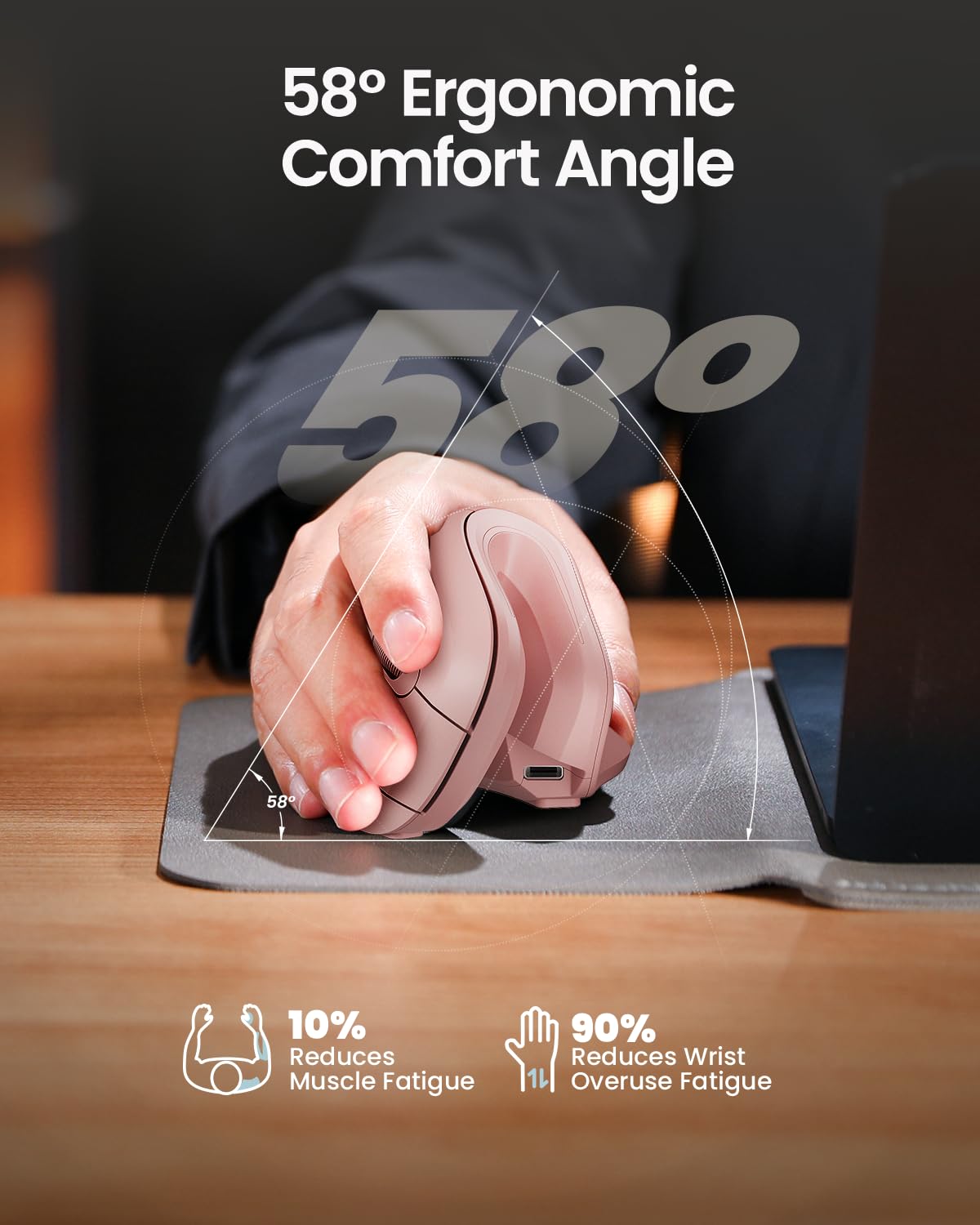 ProtoArc Ergonomic Vertical Mouse, EM11 NL Rechargeable Wireless Mouse Bluetooth, Ergo Mice with 3 Multi-Device for PC/Notebook/Laptop, 2.4GHz Optical Mice for Windows, Mac OS, Pink