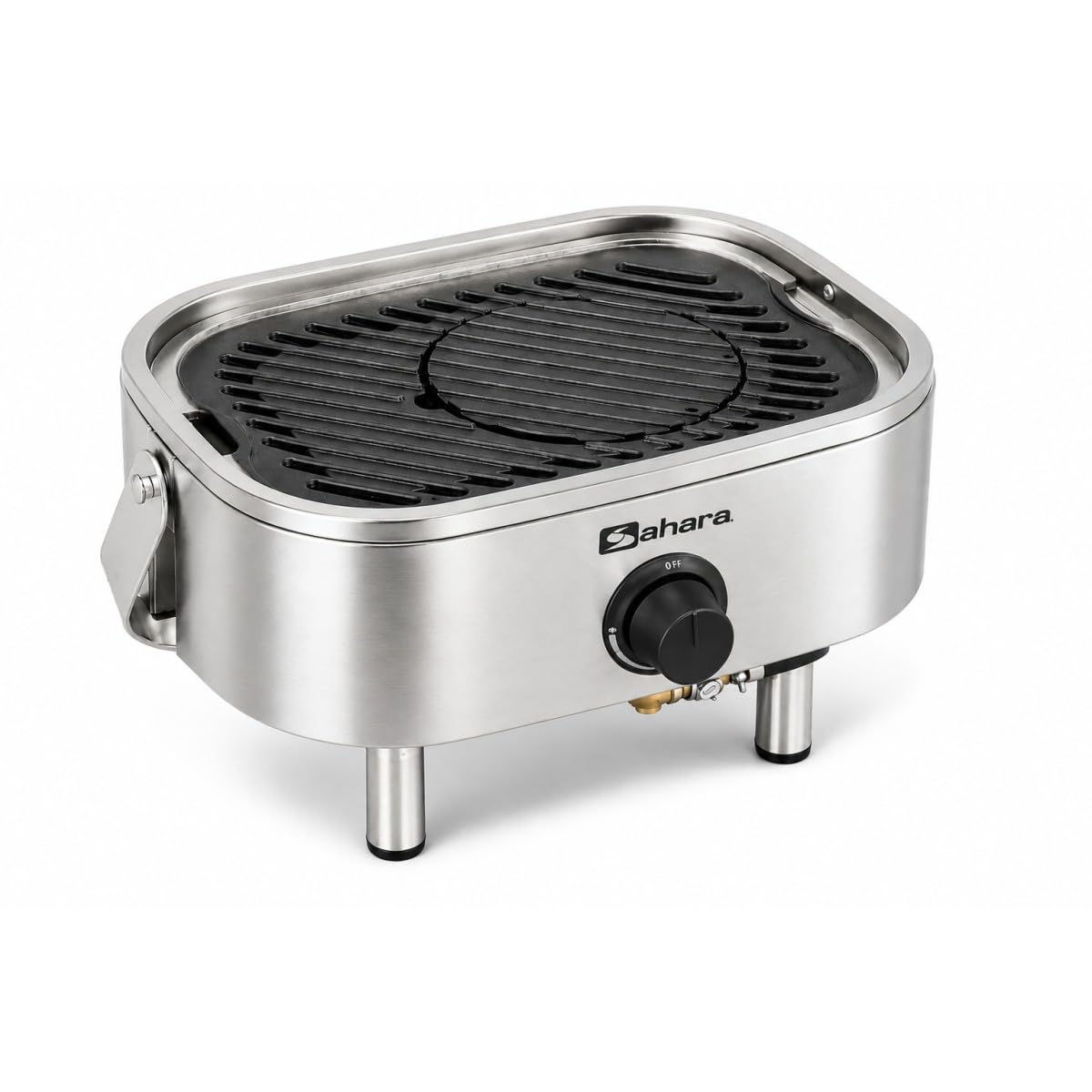 Sahara – Barbacoa de gas portátil compacta de 2,7 kW, rejilla de hierro fundido, mini barbacoa de mesa, tabla de cortar madera de 2 a 4 personas