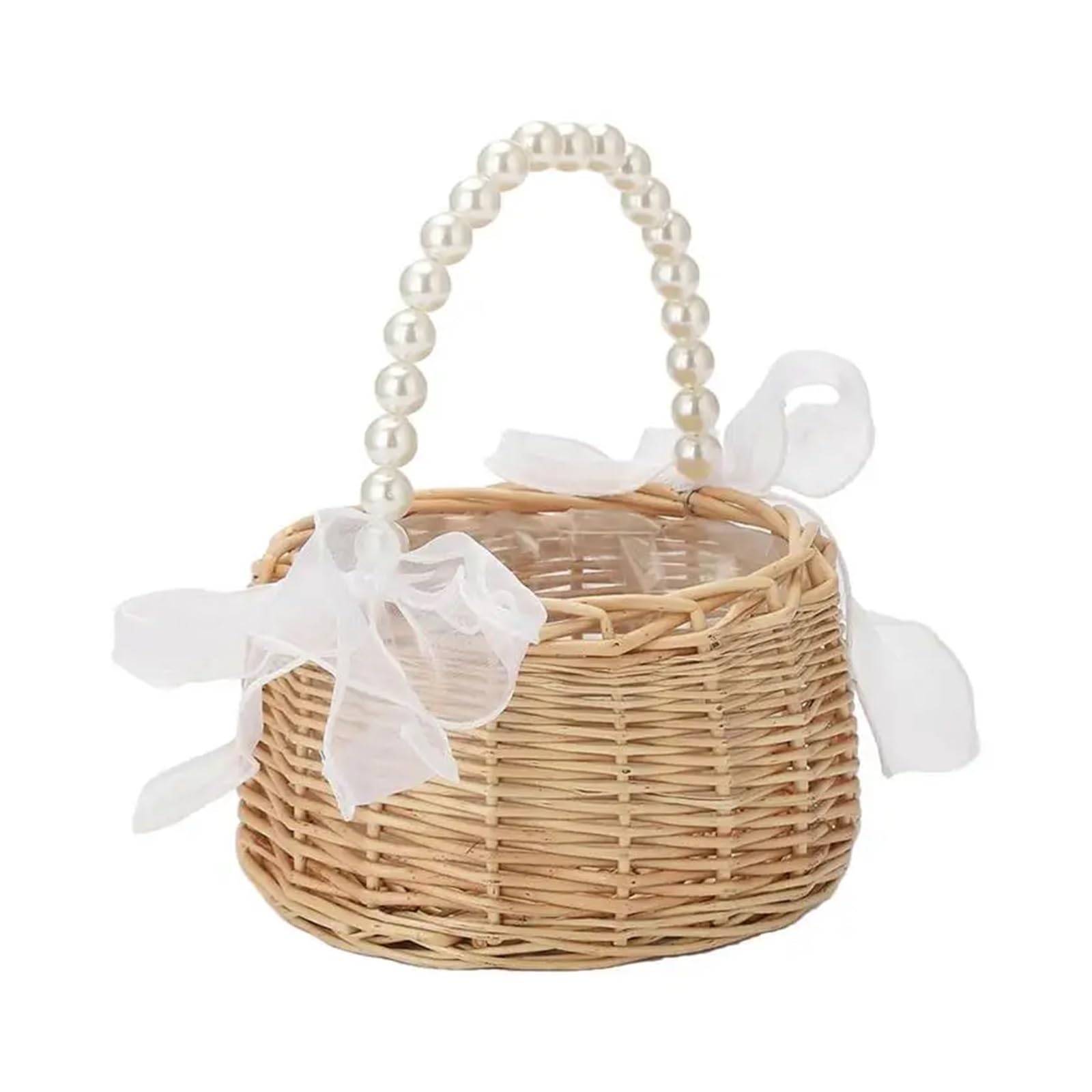 Hamper Basket Pearl Flower Girl Basket Wedding Basket With Pearl Handle Bow Ribbon Fairy Romantic Rattan Woven Flower Basket For Wedding Card(M)