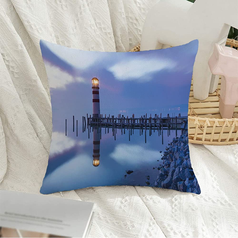 AERHOT Decorative Throw Pillow Covers Velvet Blue Lighthouse Reflected Lake During Sunset Nature Grey Shore Clouds Parks Outdoor Trendy Design Cushion Cover for Sofa Couch Living Room Bed 24x24 Inch