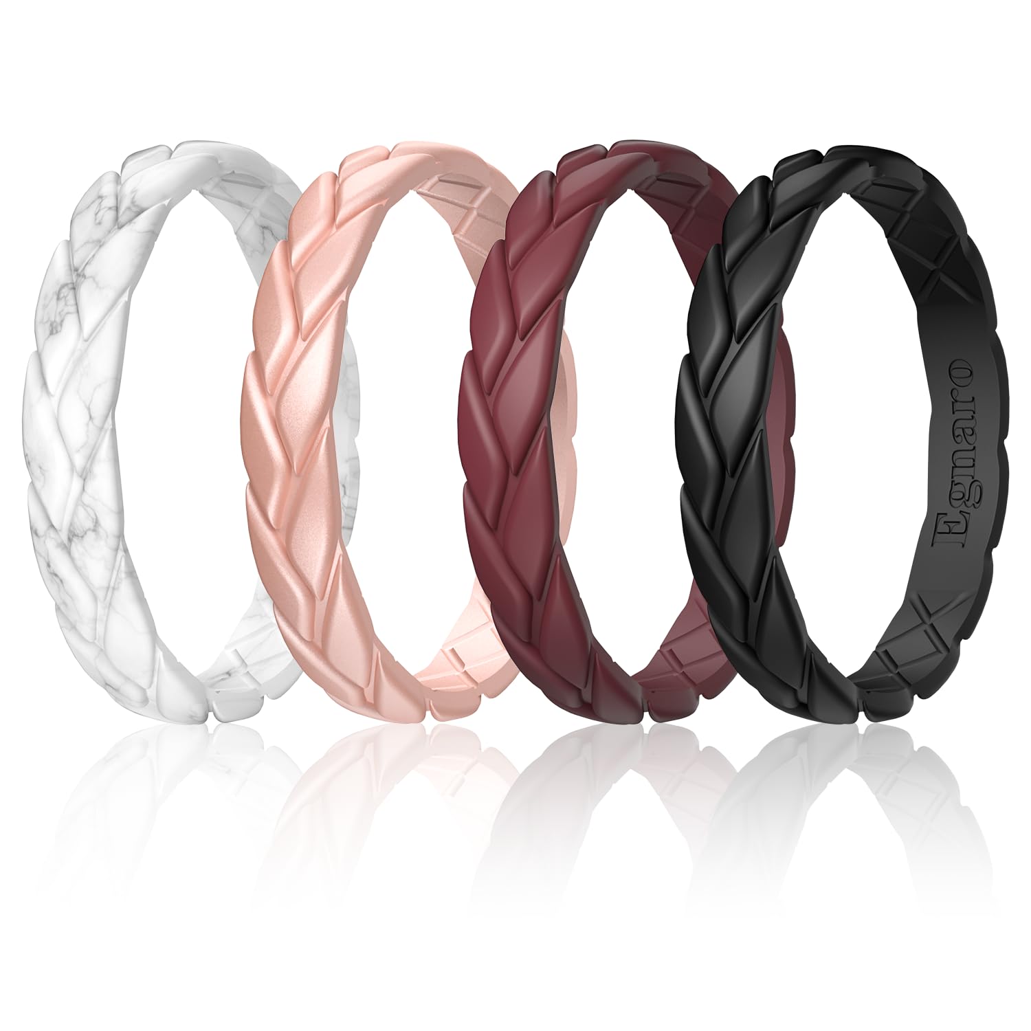 Egnaro Women's Silicone Stackable Rings 3.5mm Wide 2mm Thick, Rubber Flexible Hypoallergenic Wedding Bands For Workout Leaf Braided Fashion
