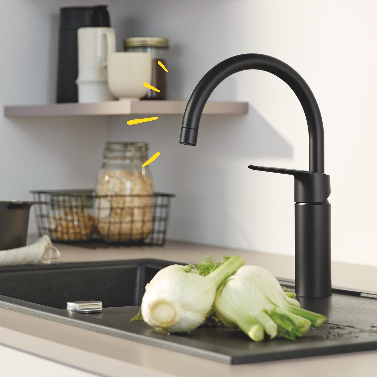 GROHE Start QuickFix – Rubinetto Miscelatore per lavello da cucina, bocca a C, facile da montare con GROHE QuickMount), nero opaco, 304692430
